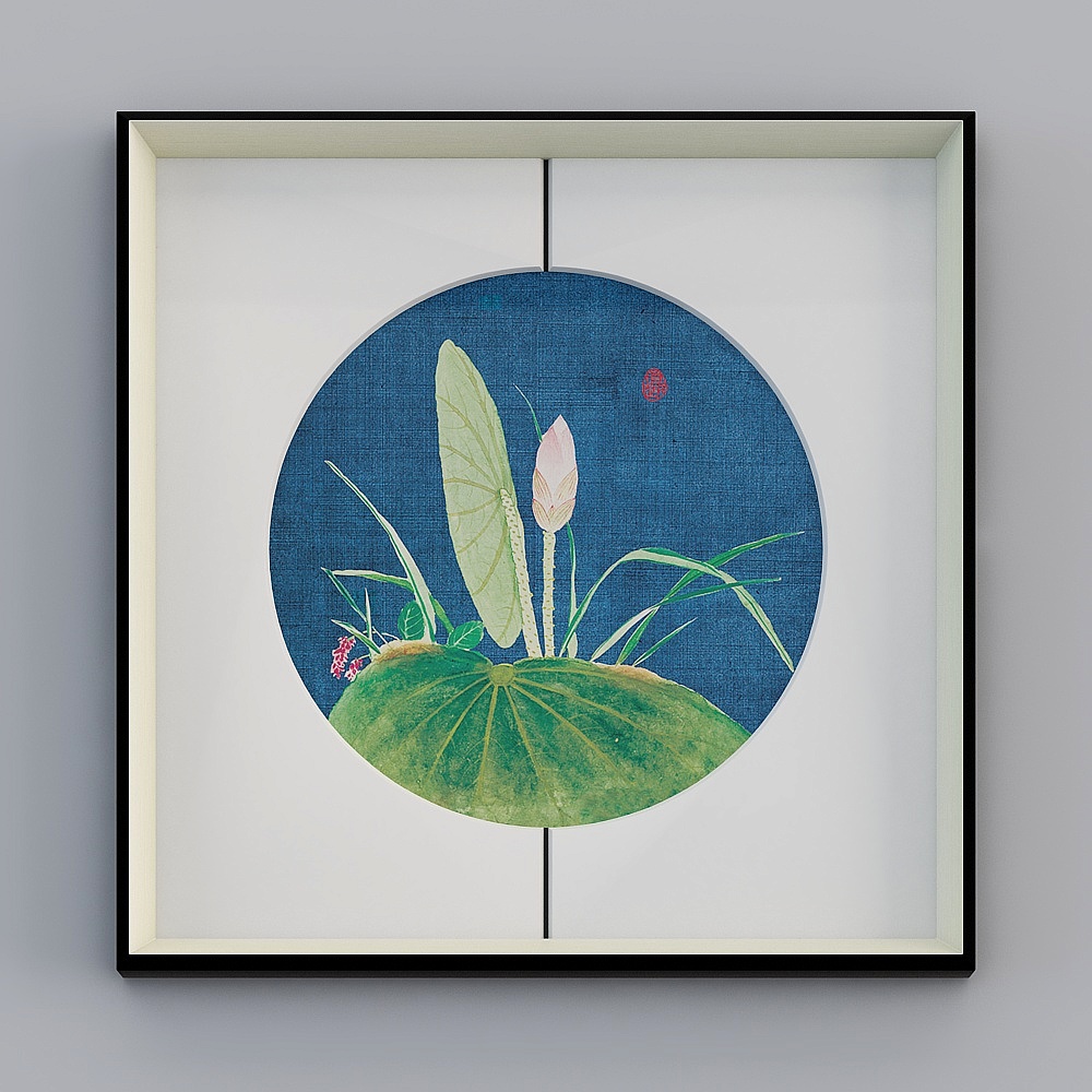 百特好新中式荷花画客厅中缝画银黑色框65x65厘米深色背景荷花bwclz-yf-bpp-7