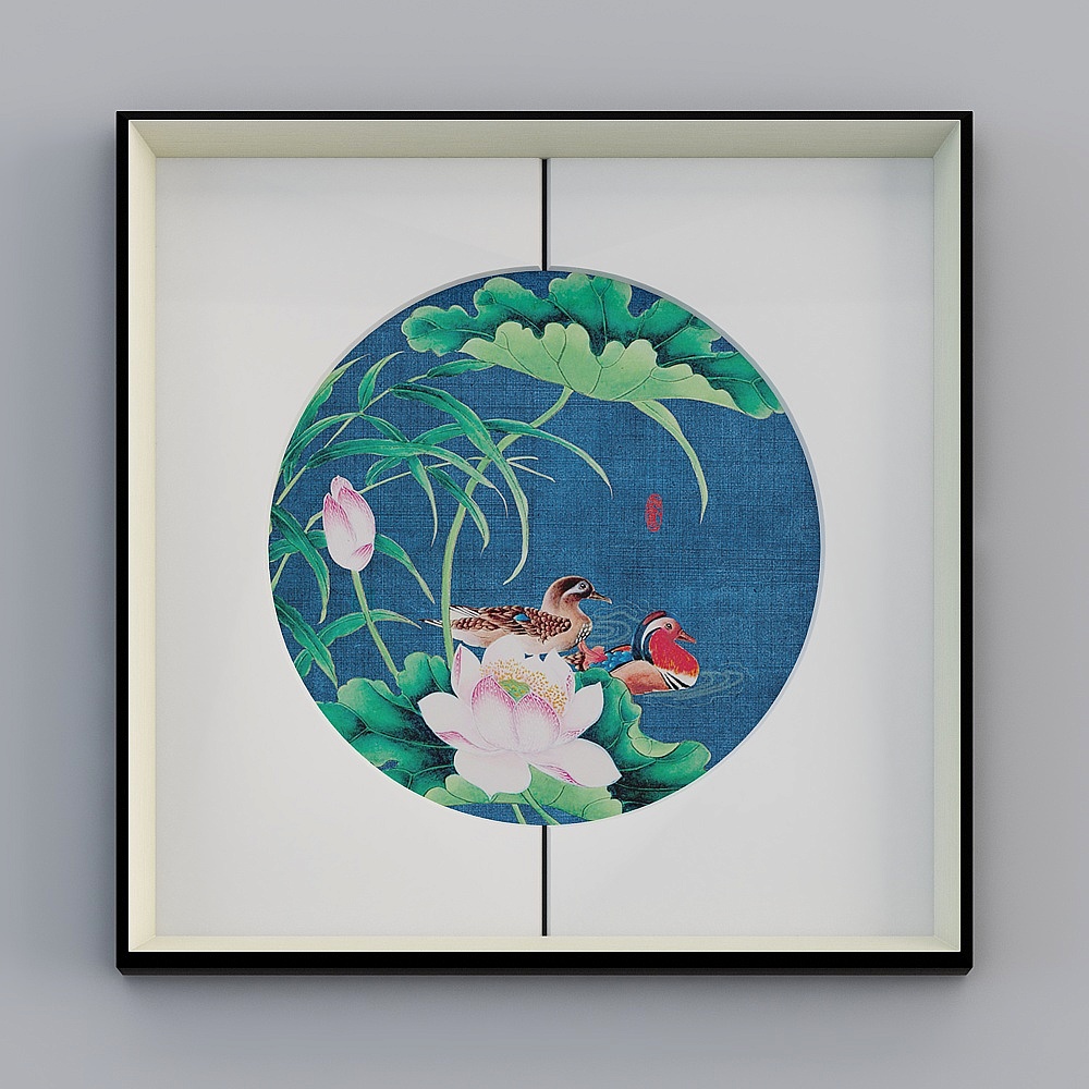 百特好新中式荷花画客厅中缝画银黑色框65x65厘米深色背景荷花bwclz-yf-bpp-73D模型
