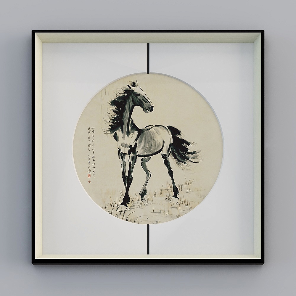 百特好新中式马到成功客厅中缝画银黑色框65x65厘米骏马图bwclz-yf-bpp-2