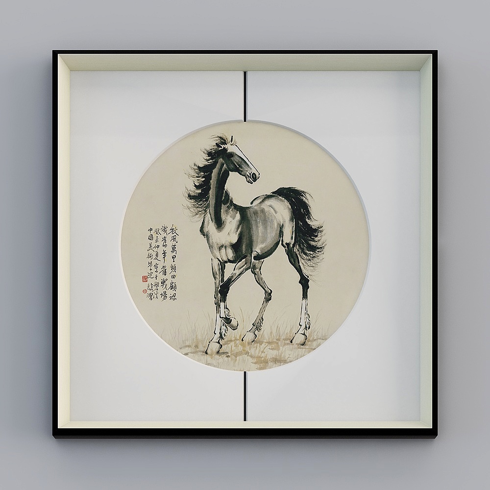 百特好新中式马到成功客厅中缝画银黑色框65x65厘米骏马图bwclz-yf-bpp-2