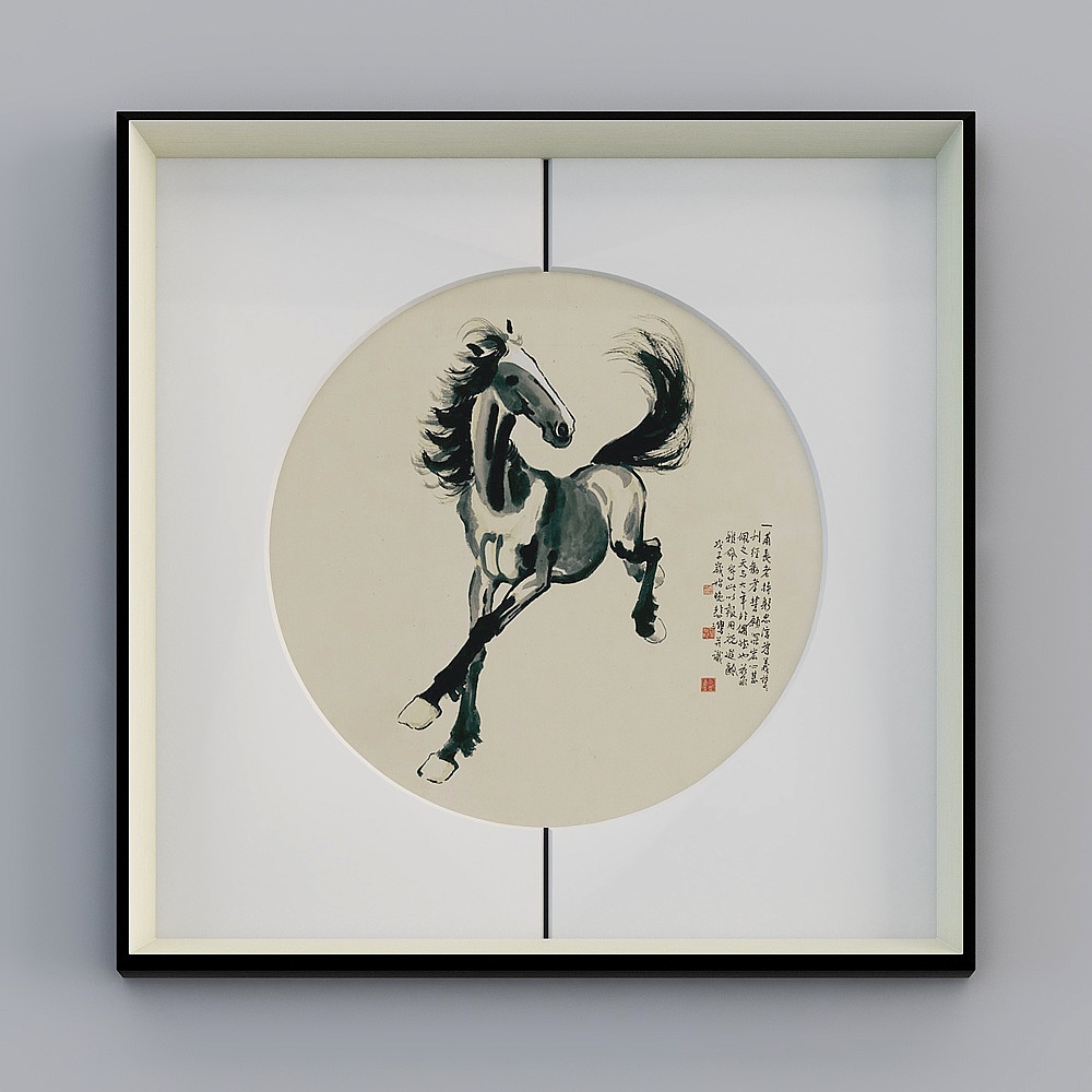 百特好新中式马到成功客厅中缝画银黑色框65x65厘米骏马图bwclz-yf-bpp-2