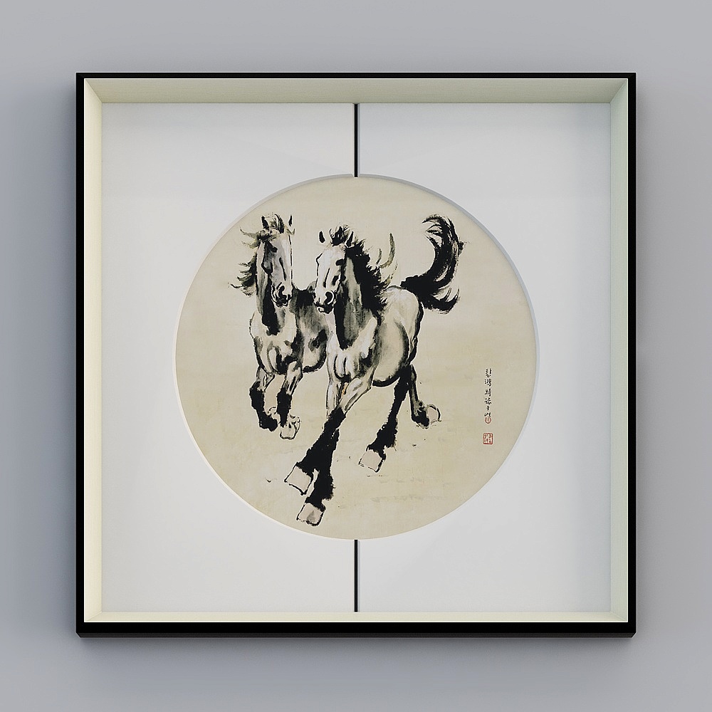 百特好新中式马到成功客厅中缝画银黑色框65x65厘米骏马图bwclz-yf-bpp-2