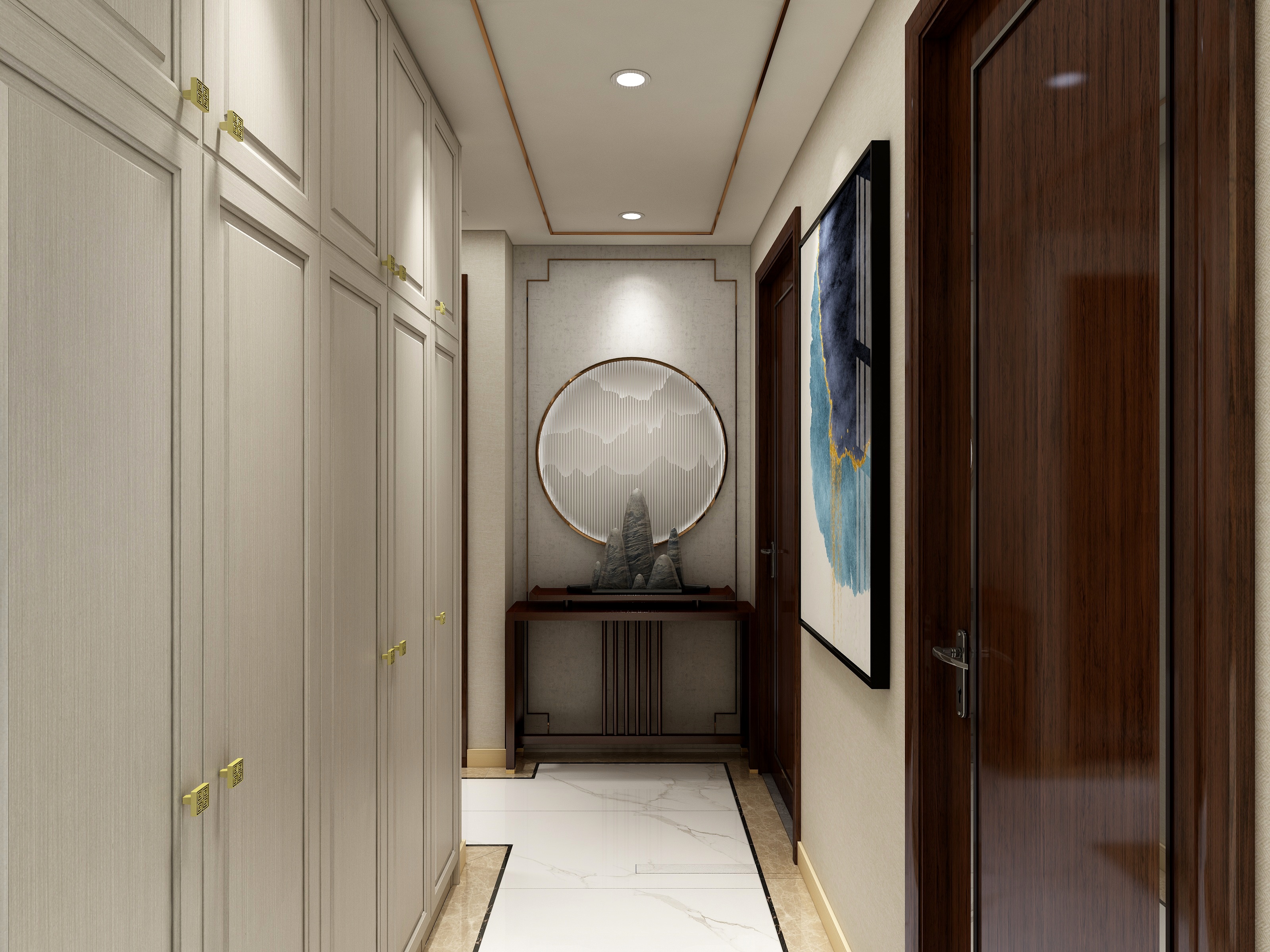 宋毅-174方新中式三居一层走廊装修效果图第1张