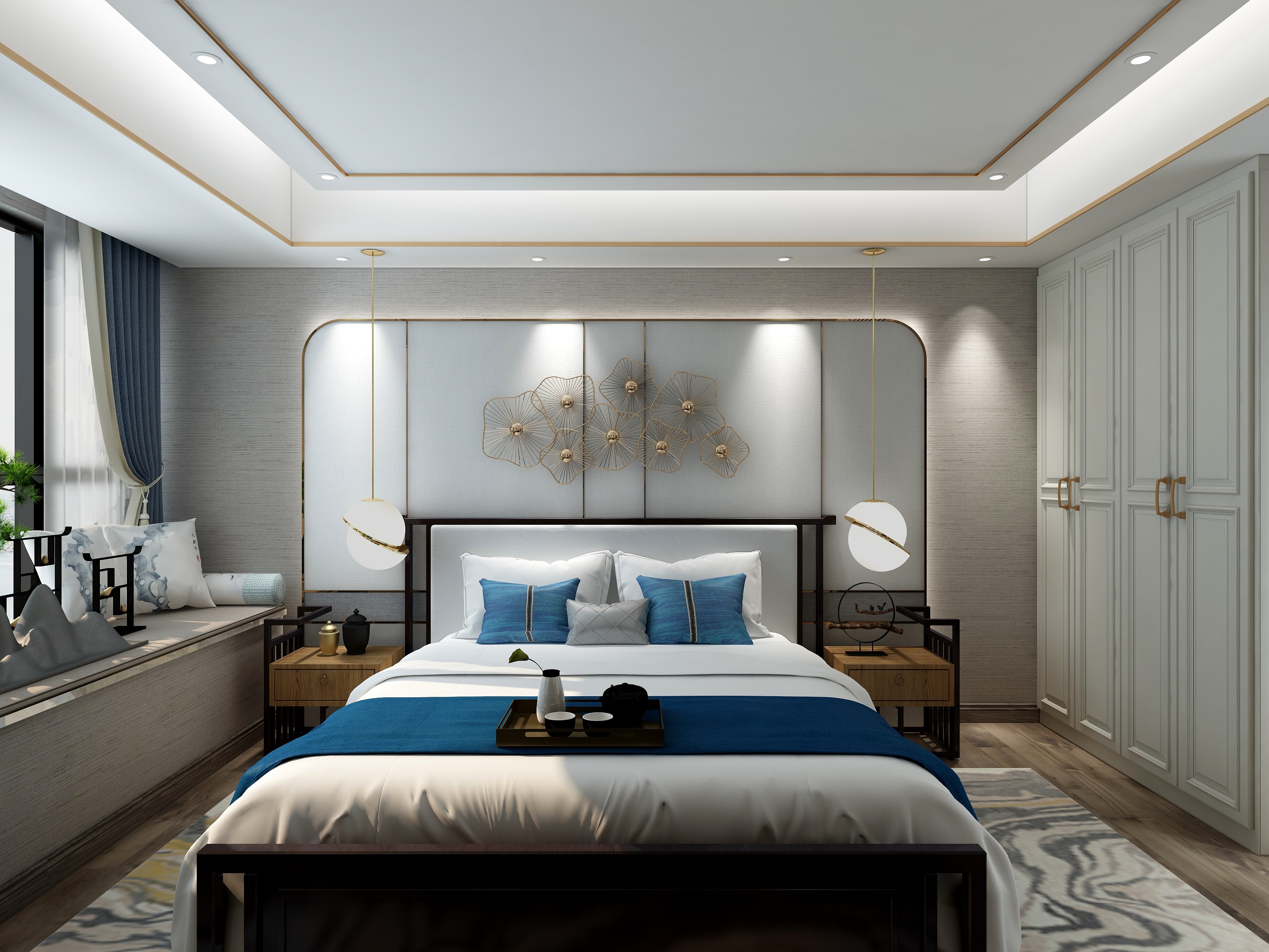 宋毅-174方新中式三居一层主卧装修效果图第1张