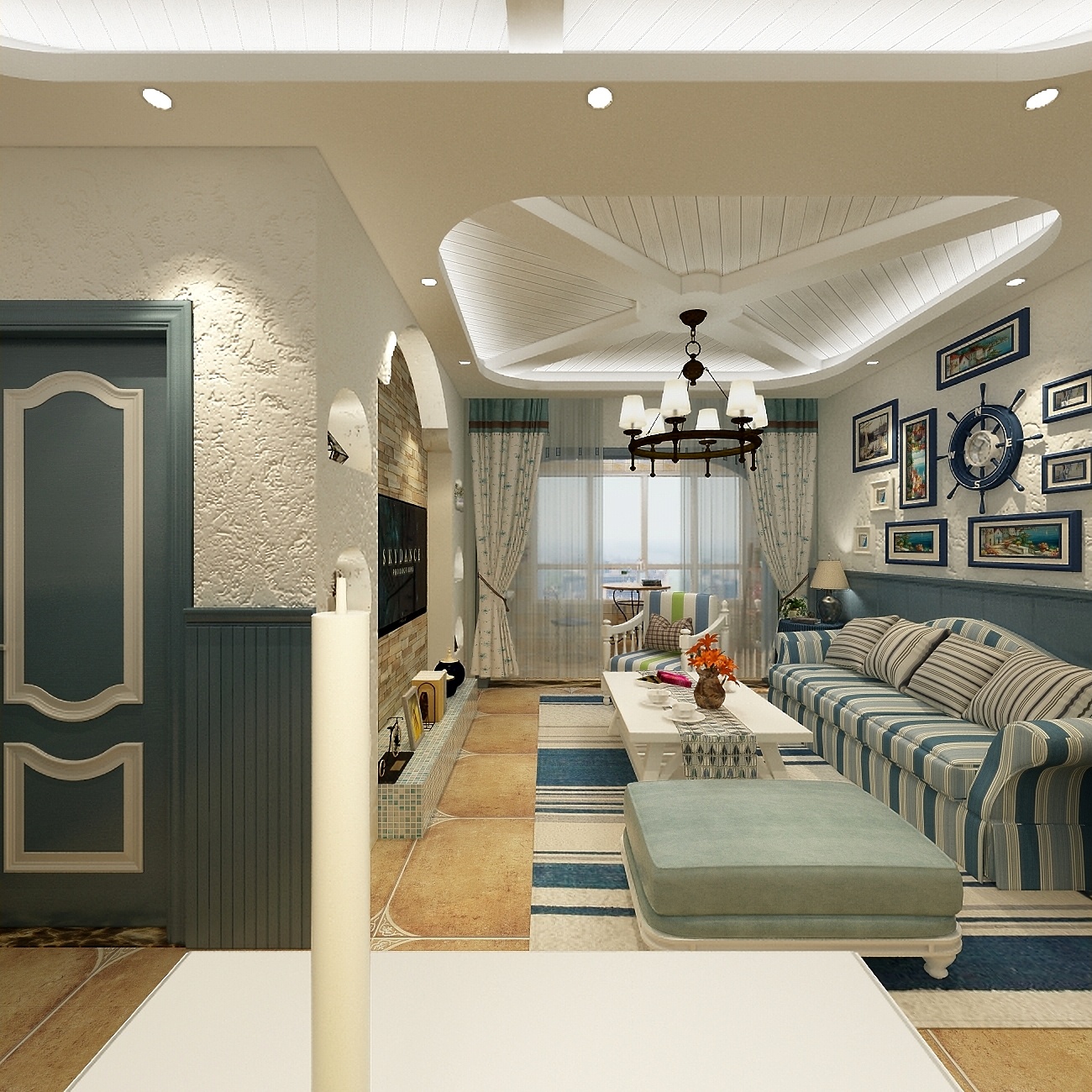 酷家乐优秀设计频道-92方地中海三居一层客餐厅装修效果图第5张