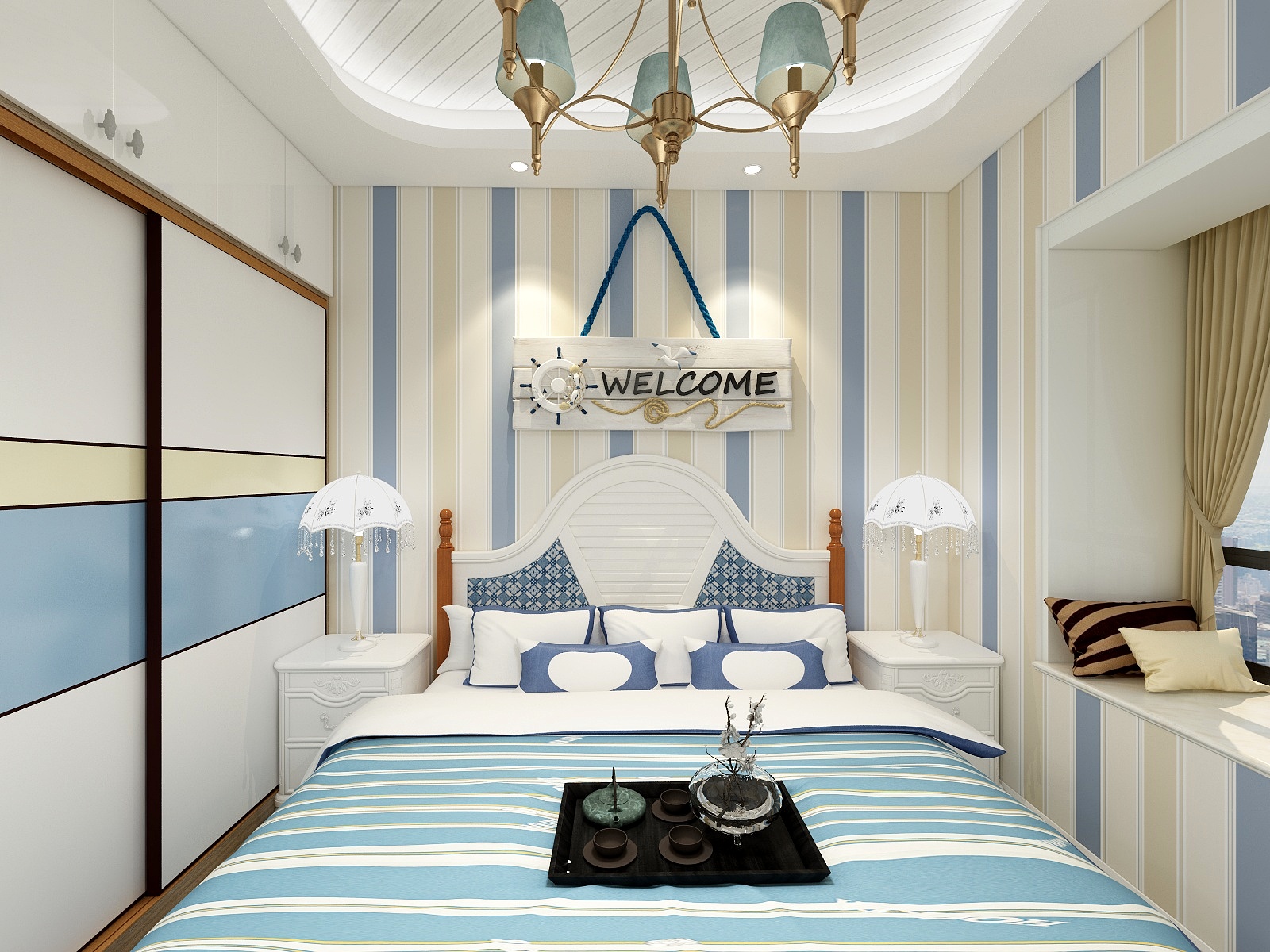 酷家乐优秀设计频道-92方地中海三居一层主卧装修效果图第2张