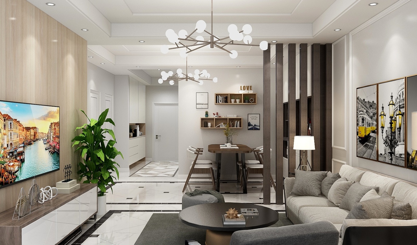 这个是一个客厅的装修设计。整个空间以白色和灰色为主色调，营造出一种简洁而高雅的氛围。