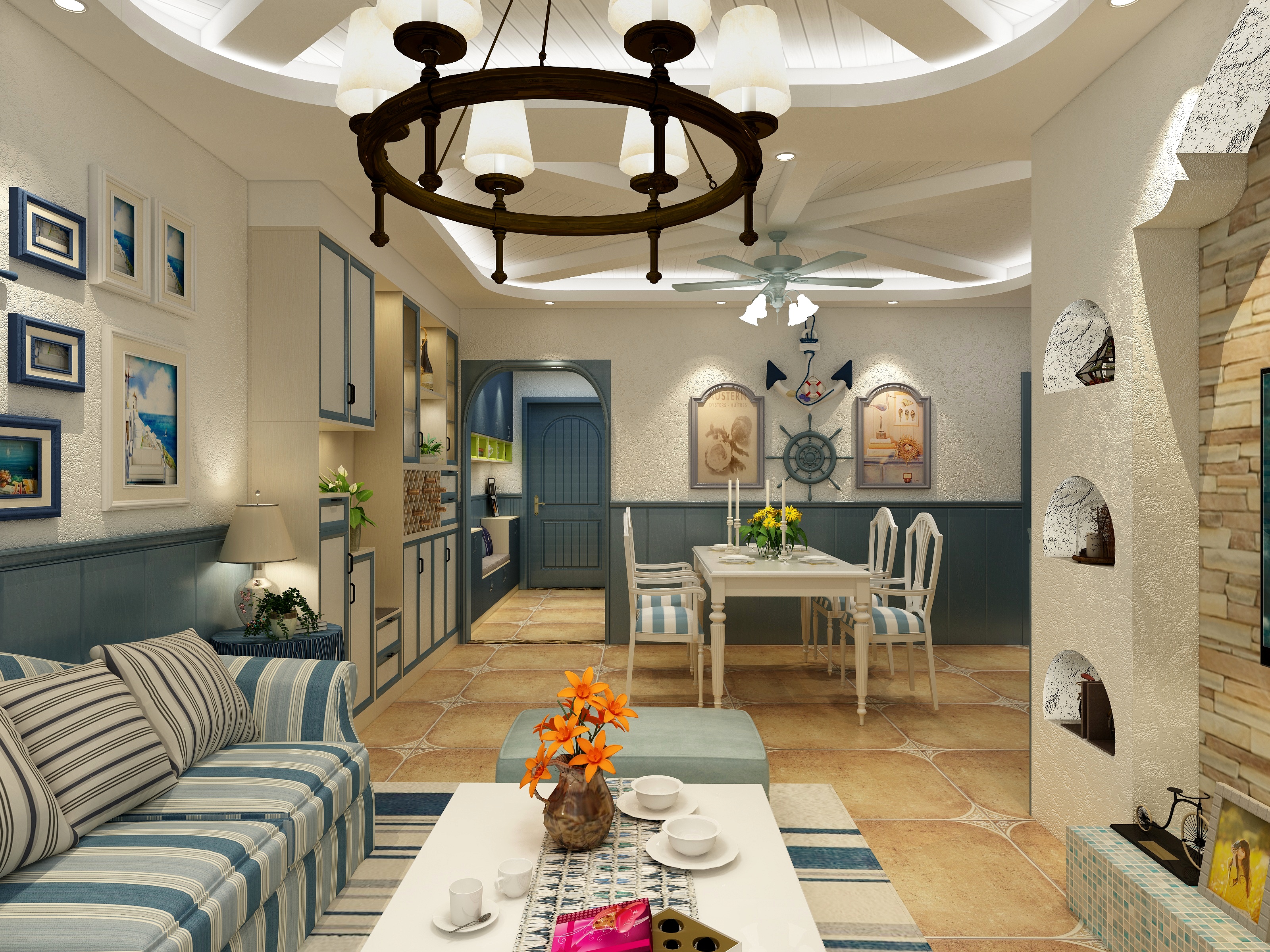 酷家乐优秀设计频道-92方地中海三居一层客餐厅装修效果图第1张