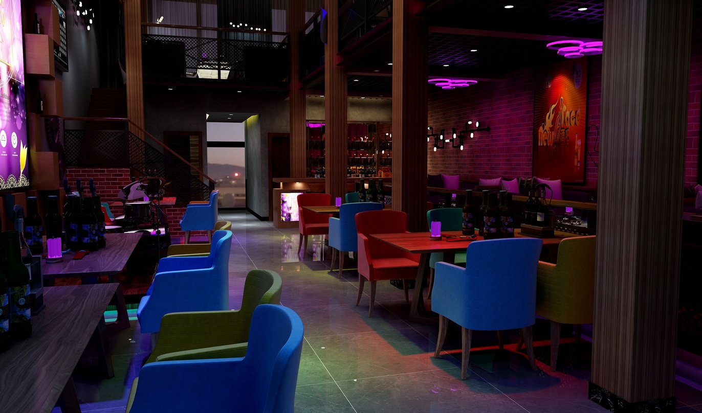 这是一个餐厅场景，整体色调为暗紫色调，充满了艺术和时尚感。餐厅分为两层，图中所处的是二楼。场景中有一张摆放着六张彩色椅子的桌子，场景中还有一张同样排列着六张椅子的桌子。餐厅的墙上挂着一些画作，其中左侧墙上的画作以淡紫色为主，而右侧墙上的画作以暗红色为主。屋顶上还点着一些彩色的灯光。