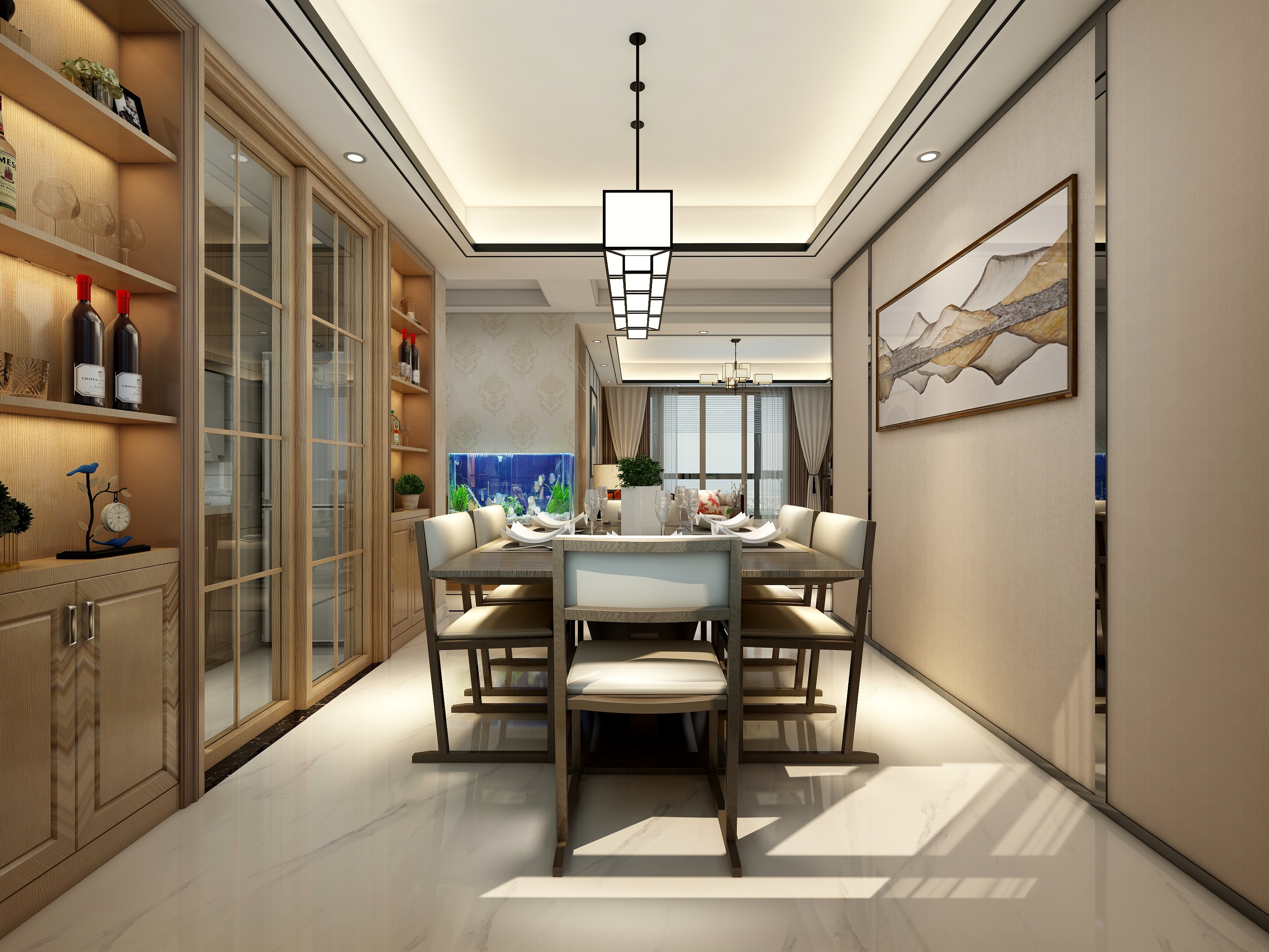 李立猛-新中式三居室一层客餐厅装修效果图第4张