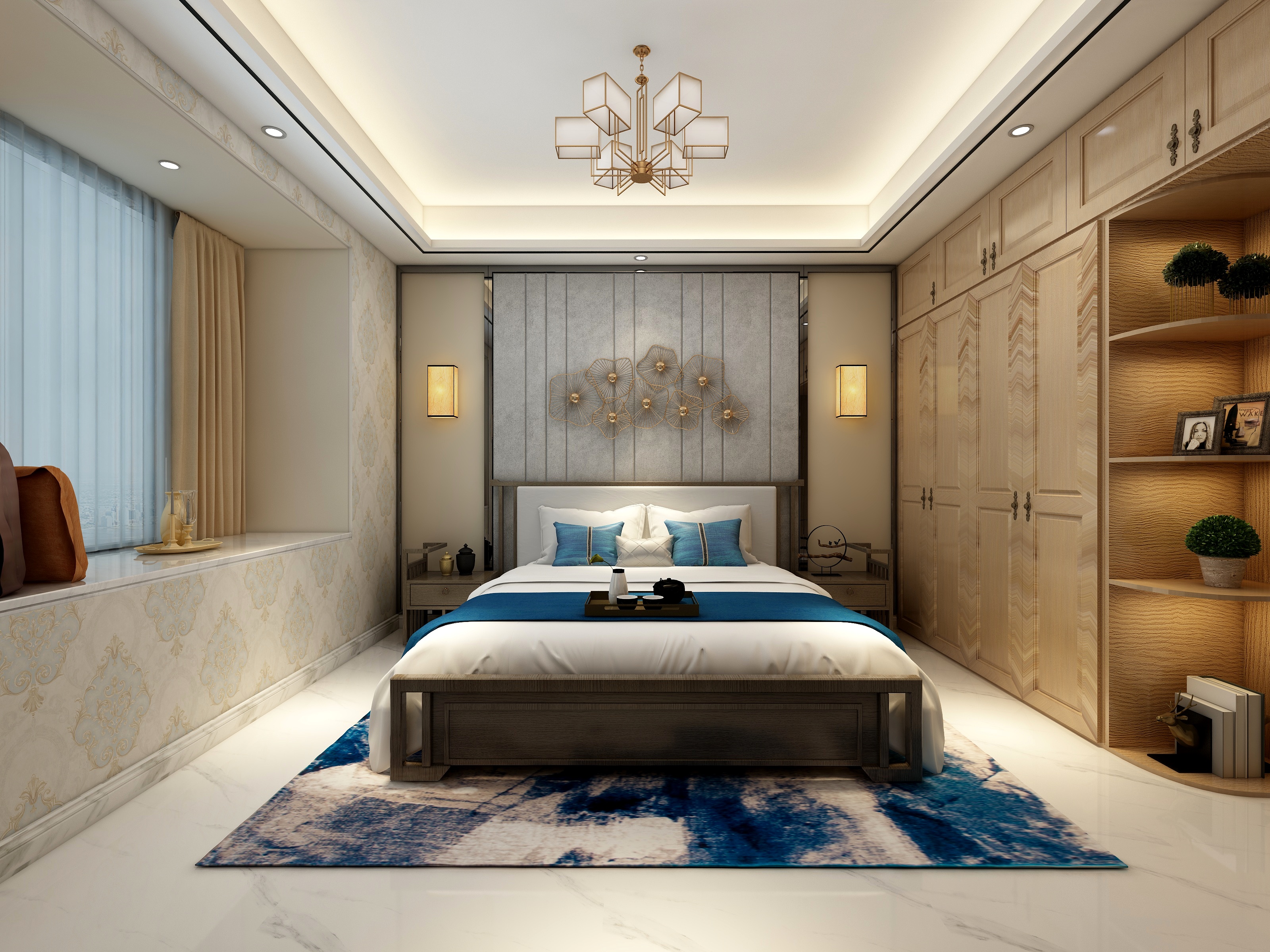 李立猛-新中式三居室一层主卧装修效果图第1张