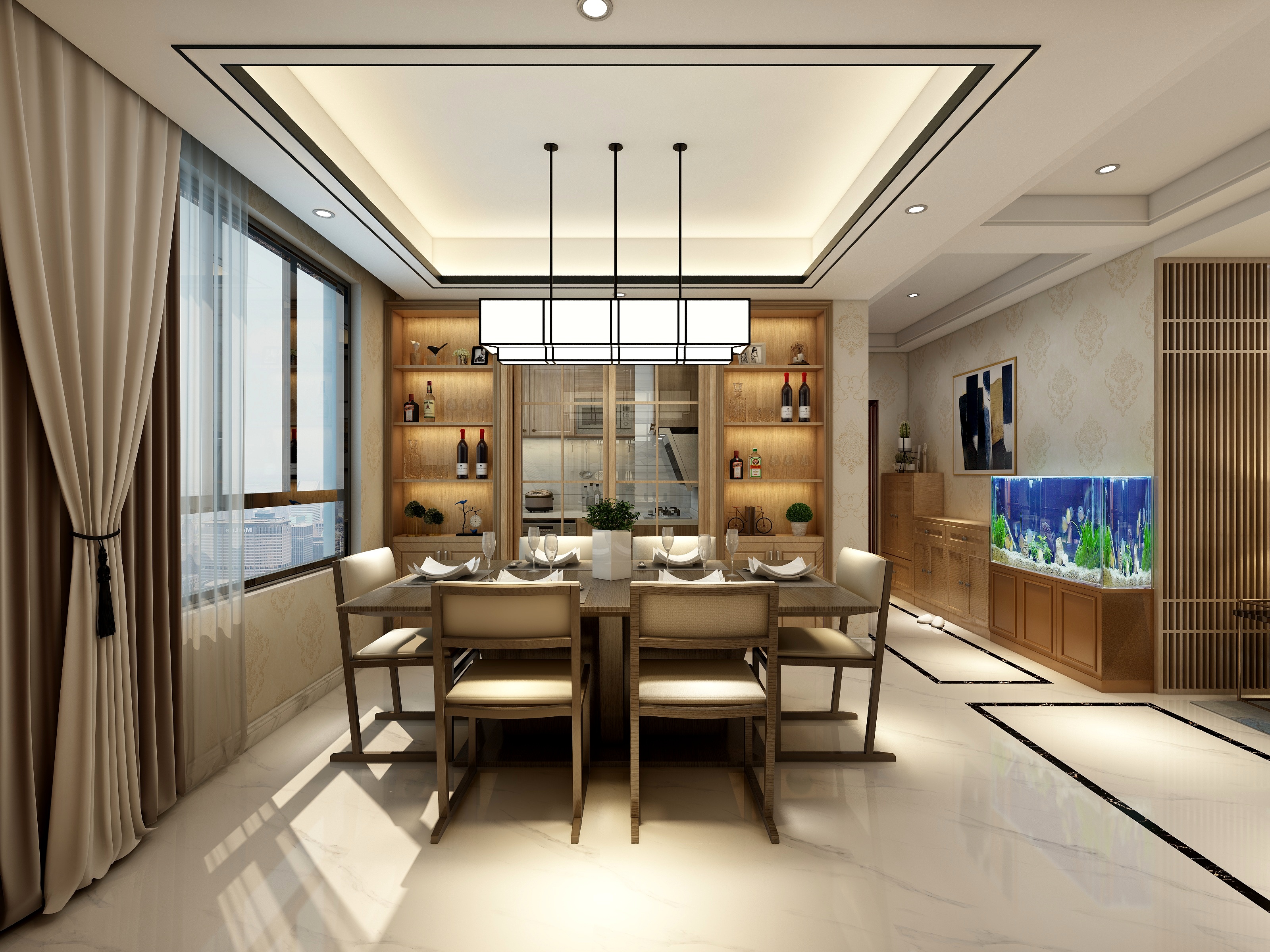 李立猛-新中式三居室一层客餐厅装修效果图第5张