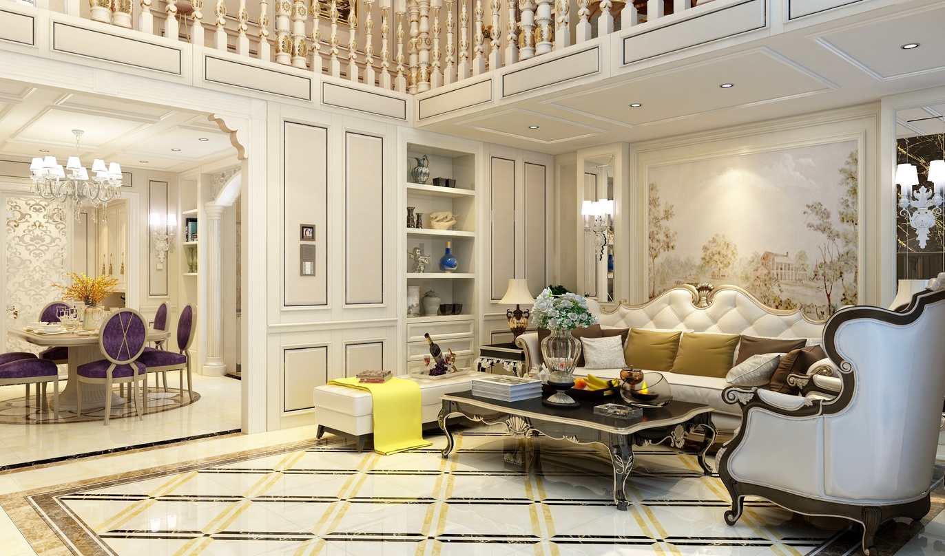 这个场景是一个客厅的内部，整体装修风格是欧式古典，以白色和米色为主色调。客厅的地面铺着一大块黄色和米色相间的地毯，上面摆放着一张黑色、白色和黄色的沙发，沙发旁边摆着一个黑色边框的白色茶几。