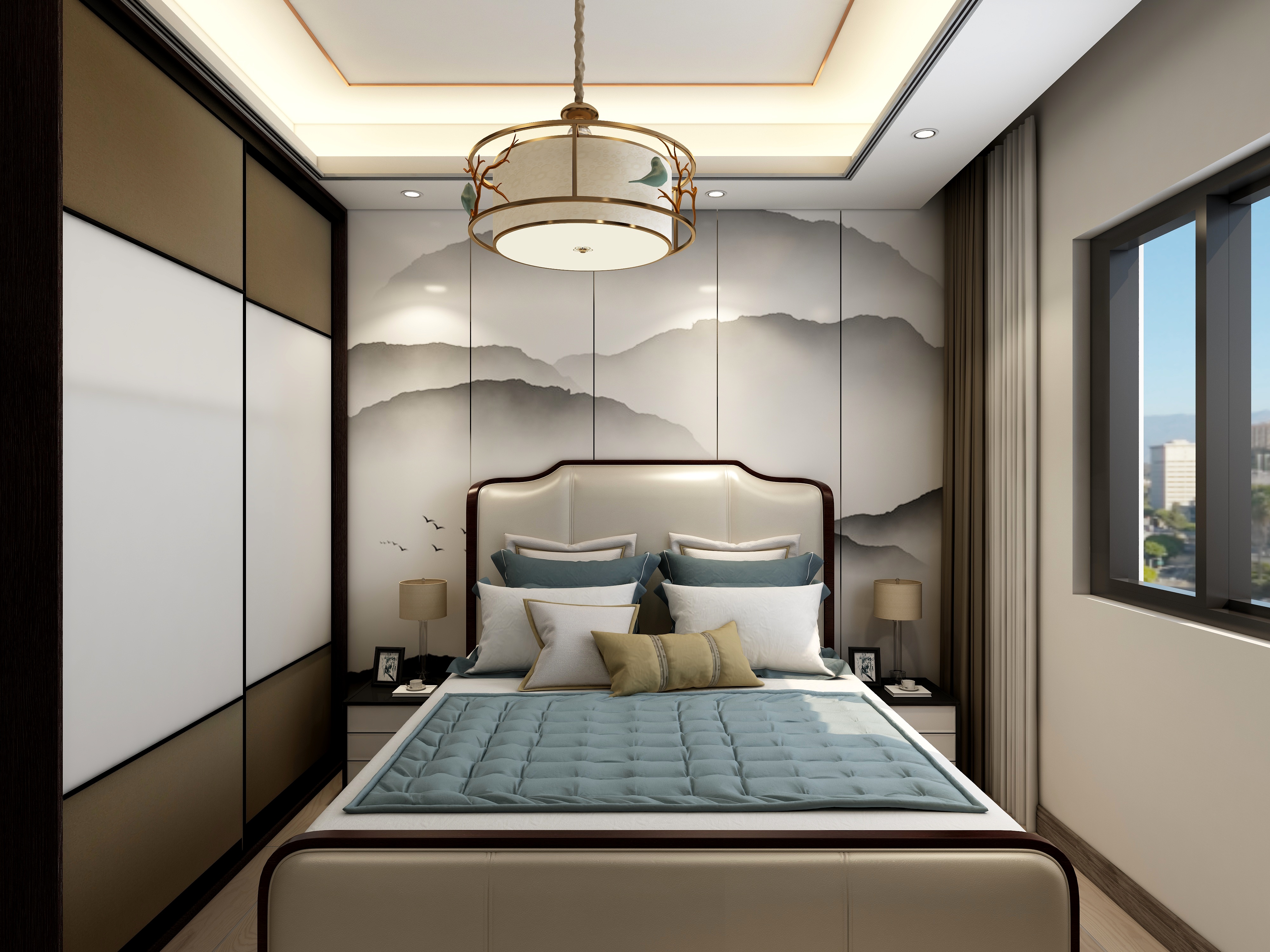 李青越-115方新中式三居一层北西卧装修效果图第3张