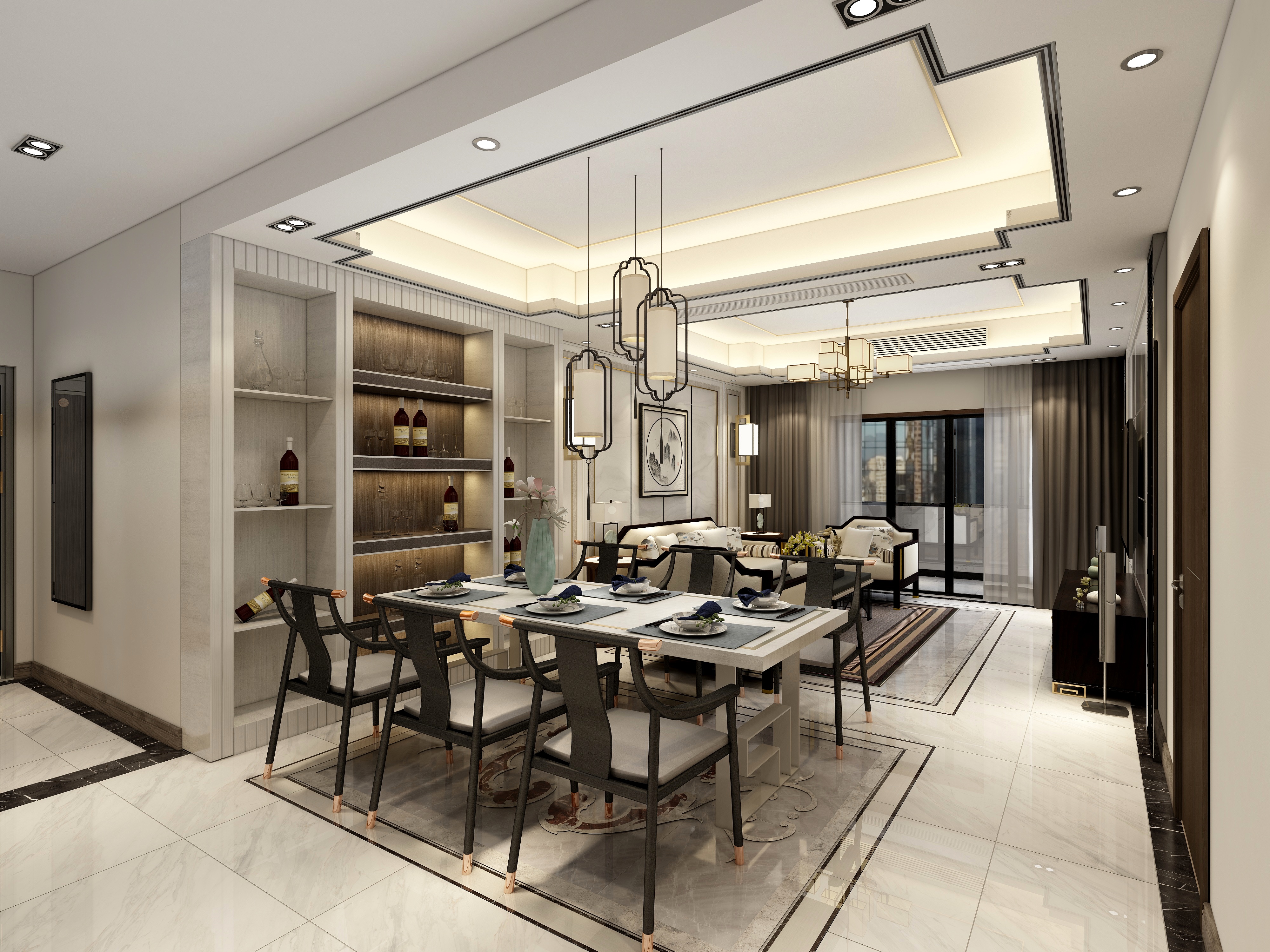 李青越-115方新中式三居一层客餐厅装修效果图第1张