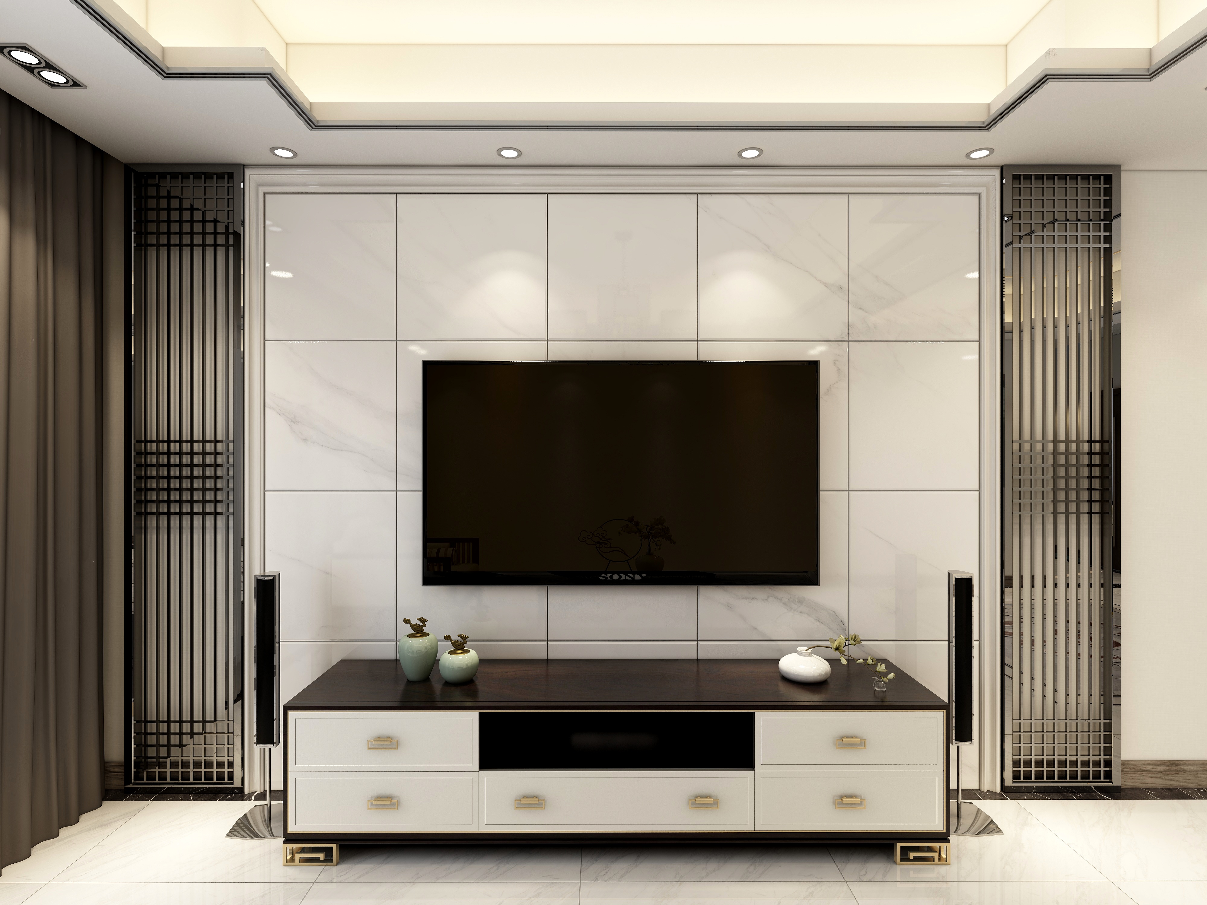 李青越-115方新中式三居一层客餐厅装修效果图第4张