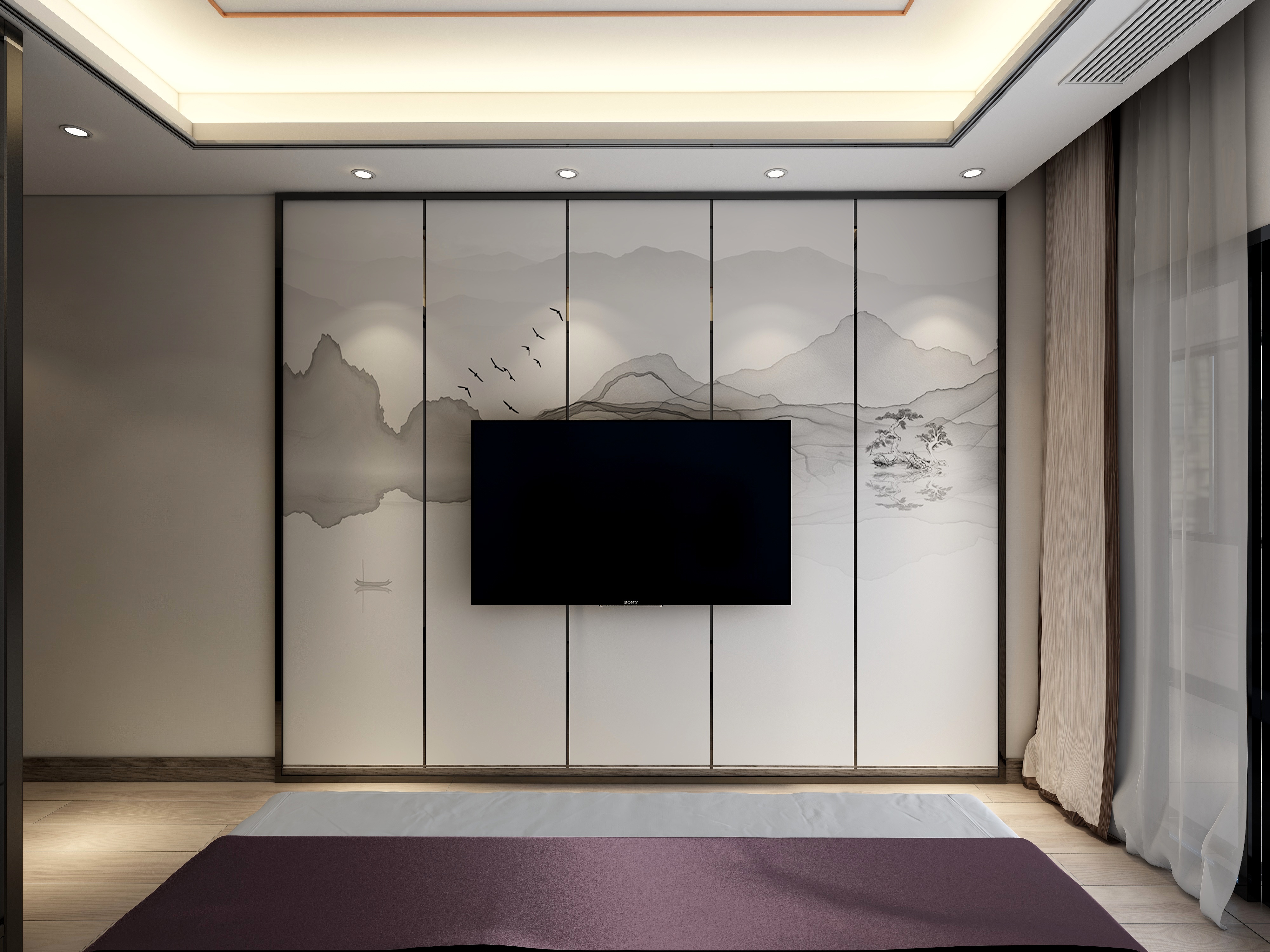 李青越-115方新中式三居一层主卧装修效果图第3张