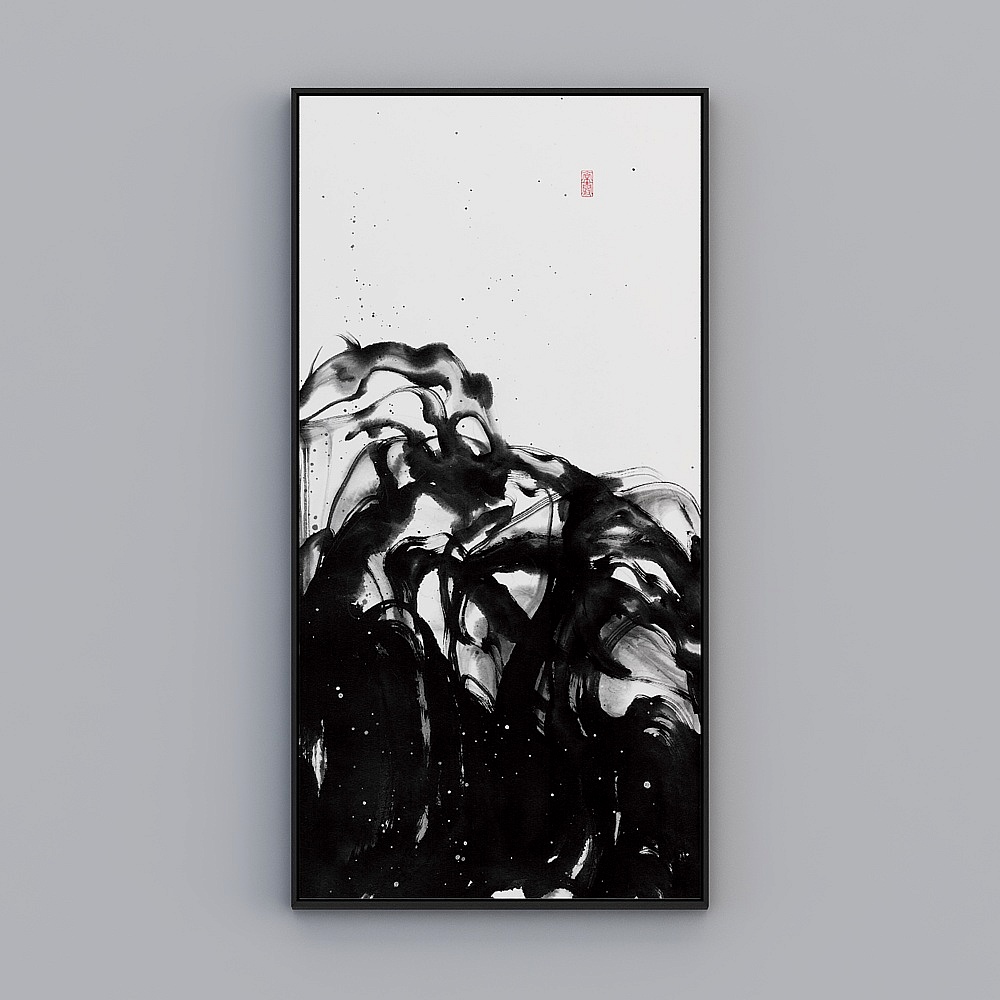 百特好新中式客厅 茶室竖款黑色框73x143cm常雾禅意qy158f-x-1-3