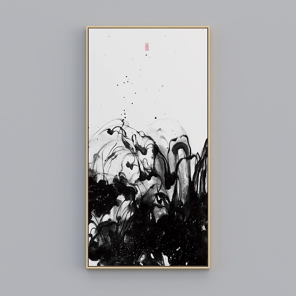 百特好新中式客厅 茶室竖款木色框73x143cm常雾禅意qy158f-x-1-2