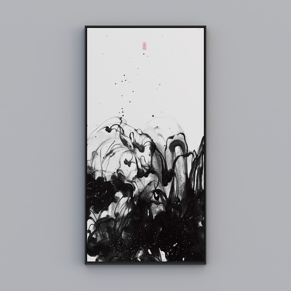百特好新中式客厅 茶室竖款黑色框73x143cm常雾禅意qy158f-x-1-2