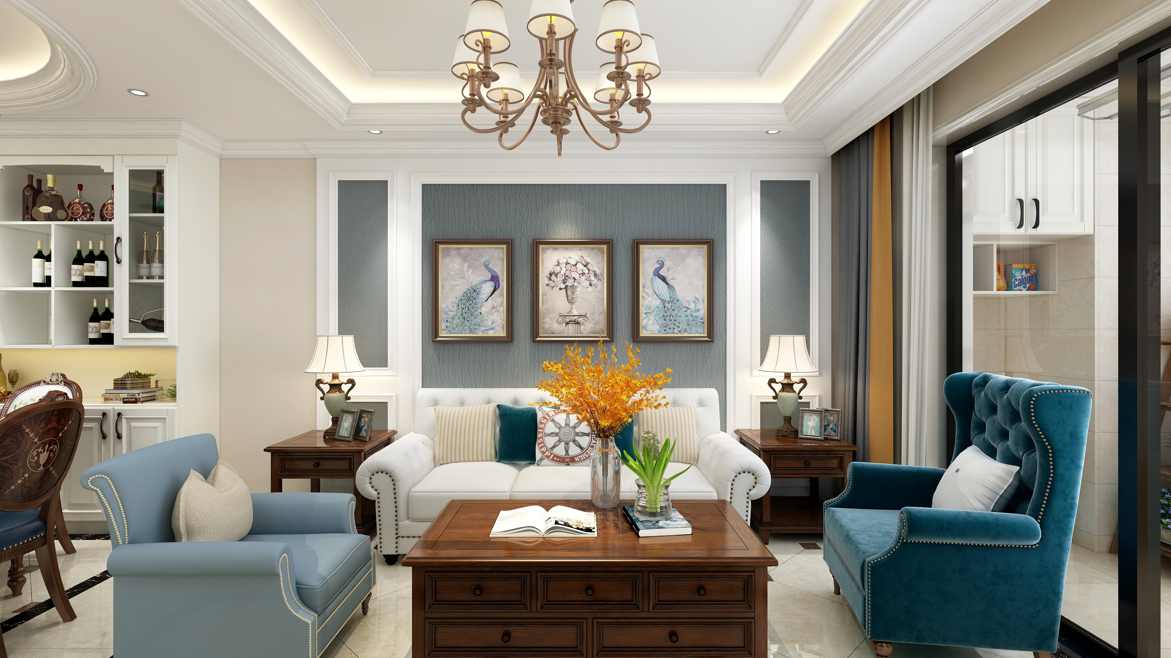 金风-99方美式三居一层客餐厅装修效果图第4张