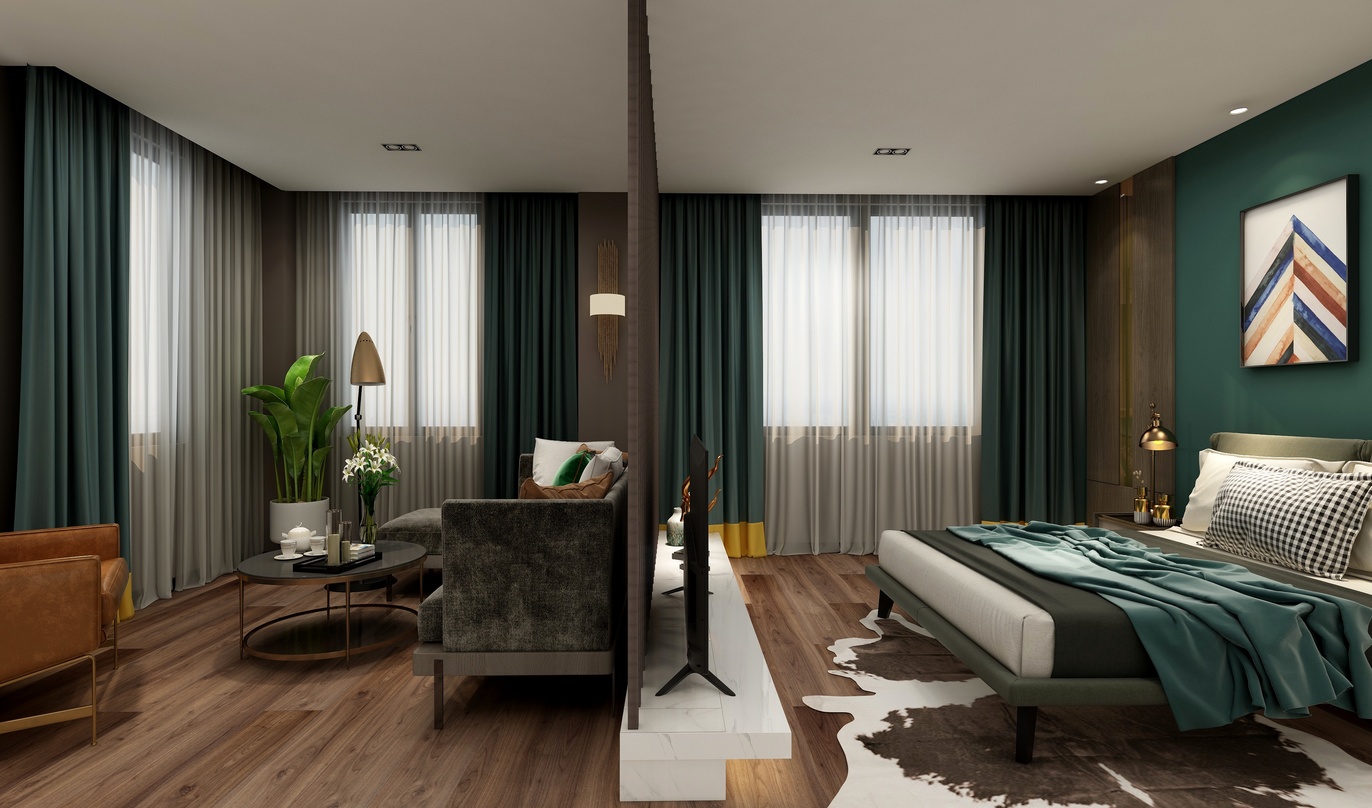 这是一间卧室，整体以绿色和棕色为主色调。墙面是绿色的，窗帘和床品也是绿色和棕色的，给人一种温馨舒适的感觉。卧室的地板是棕色的木地板，上面有一块浅棕色的地毯。