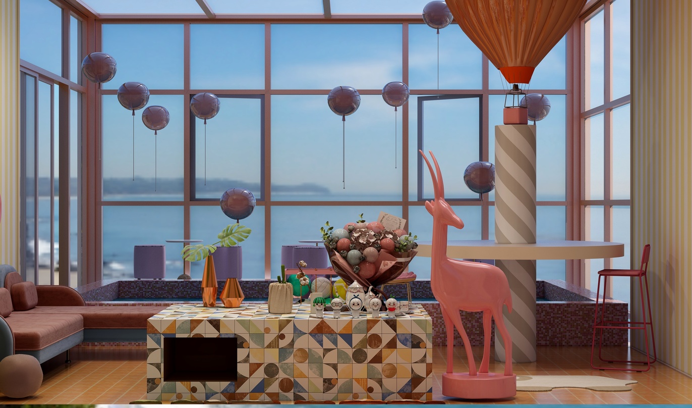 这个场景是一个色彩鲜明的房间，面向一个宽敞的阳台。房间的一角摆放着一张灰粉色的沙发，旁边有一个和房间色调相似的单人沙发，房间的地板是黄色的木地板。房间的中央有一张彩绘的长方形桌子，上面摆放着各种装饰物品，包括一个粉色的鹿雕像，一个植物形的花瓶，花瓶上有各种颜色的鸡蛋，还有一些形状和颜色各异的酒杯。桌子的左侧有一道推拉门，门上挂着黄棕色的窗帘。房间的右侧有一张白色的长方形桌子，上面放着一个粉色的坐垫。房间的窗户是大玻璃窗，可以看到室外的海景。窗户的窗帘是灰蓝色的，窗户前有几只挂着的气球，气球的形状有圆形、椭圆形，颜色有深蓝色、浅蓝色、褐色等。房间的左侧有一张红色的椅子，上面没有其他物品。整个房间的色彩鲜艳，布置得富有艺术感和生活气息。