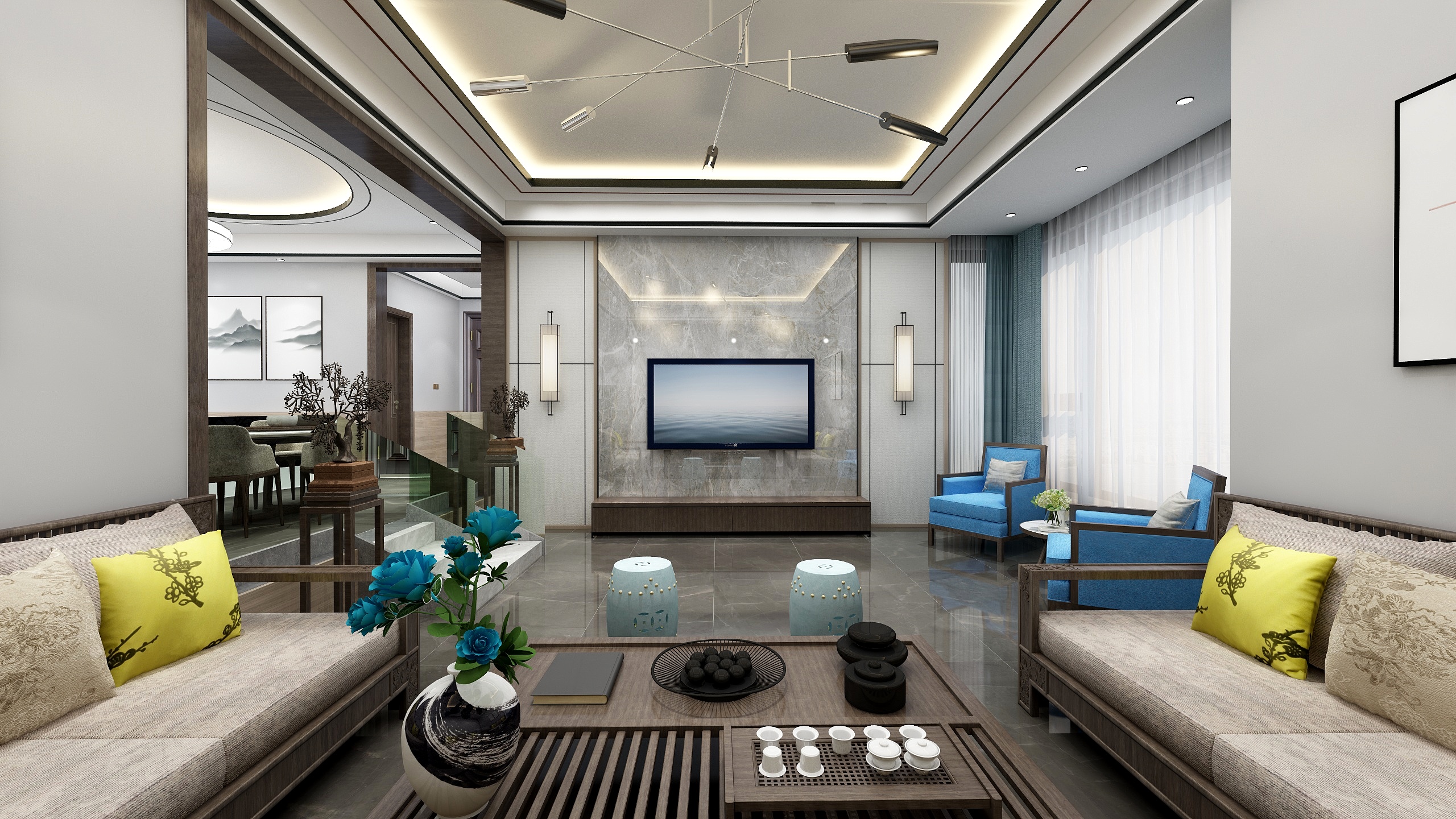 神马云在线-139方新中式三居装修效果图