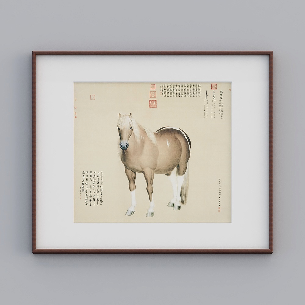 起贝新中式单联横款红木色框郎世宁雪点雕103x123cm动物马