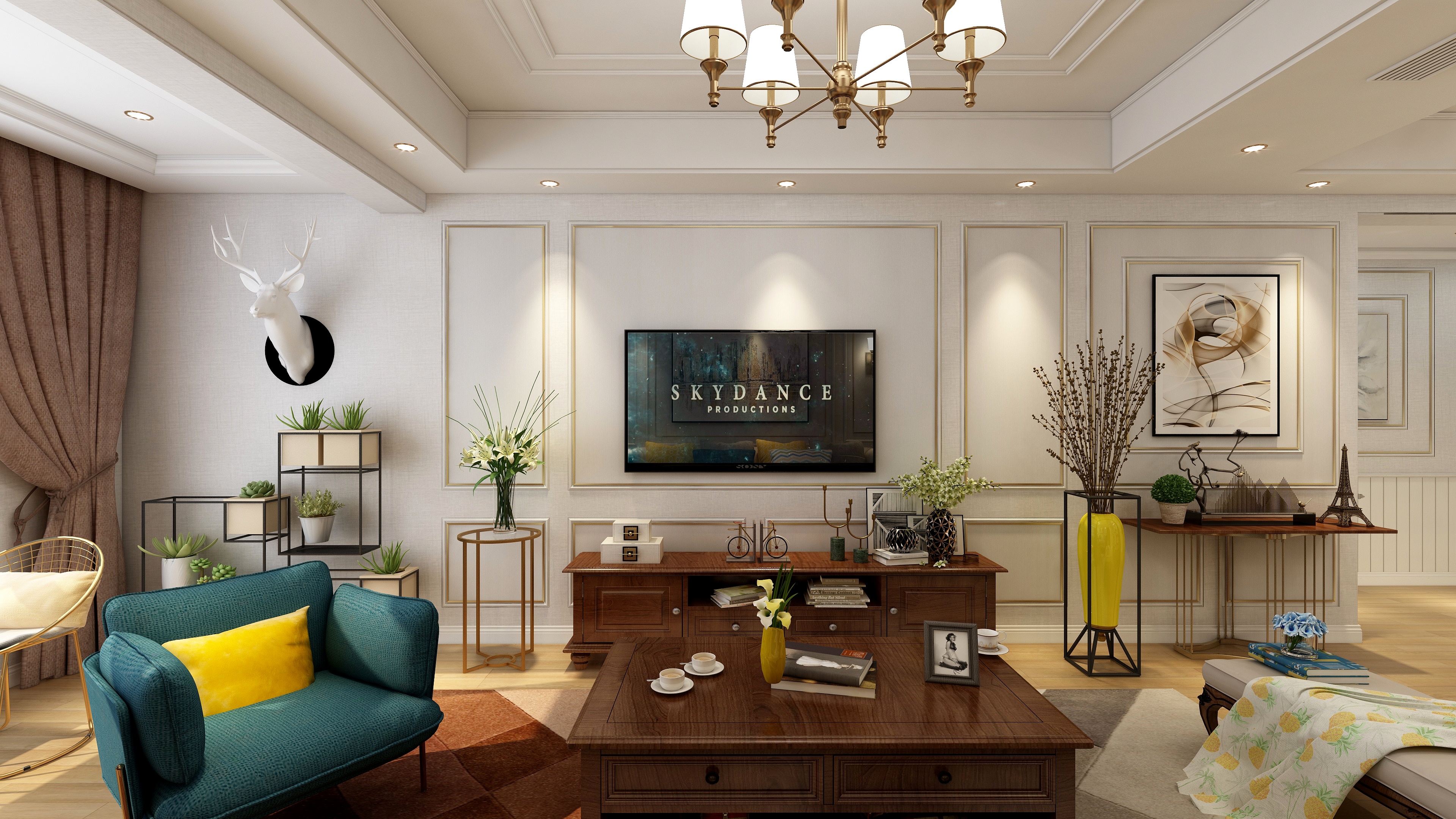 重庆潼南托斯卡纳集成墙顶专卖店-113方简美三居一层客餐厅装修效果图第3张