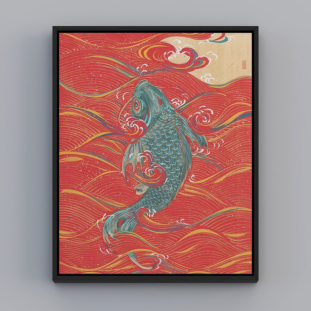 百特好新中式餐厅 茶室黑色框43x53cm鱼跃bqy158g-x-1-23D模型