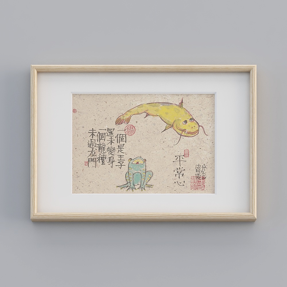 起贝天猫新中式横款原木色框43x63cm荷美图3D模型