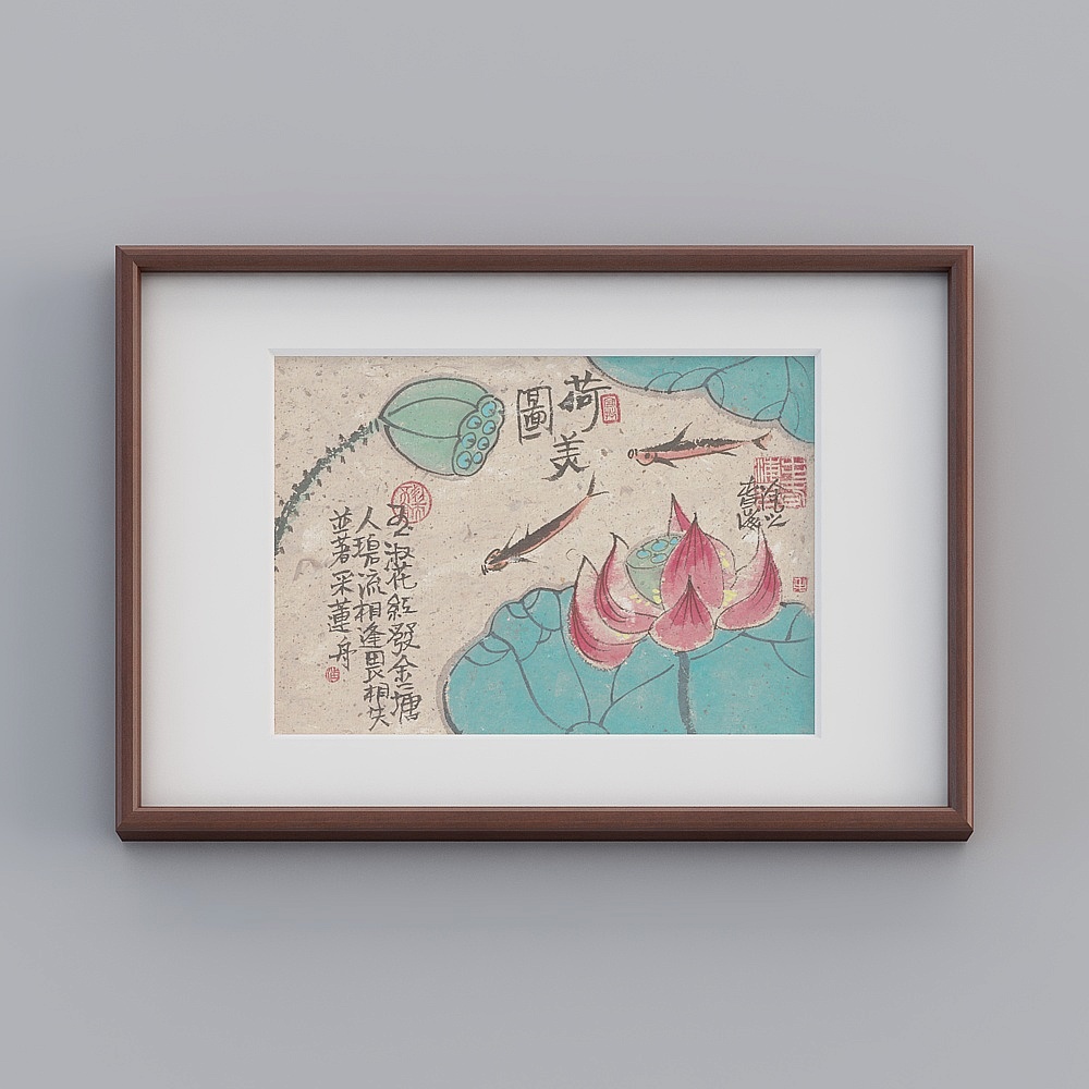 起贝天猫新中式横款红木色框43x63cm荷美图3D模型