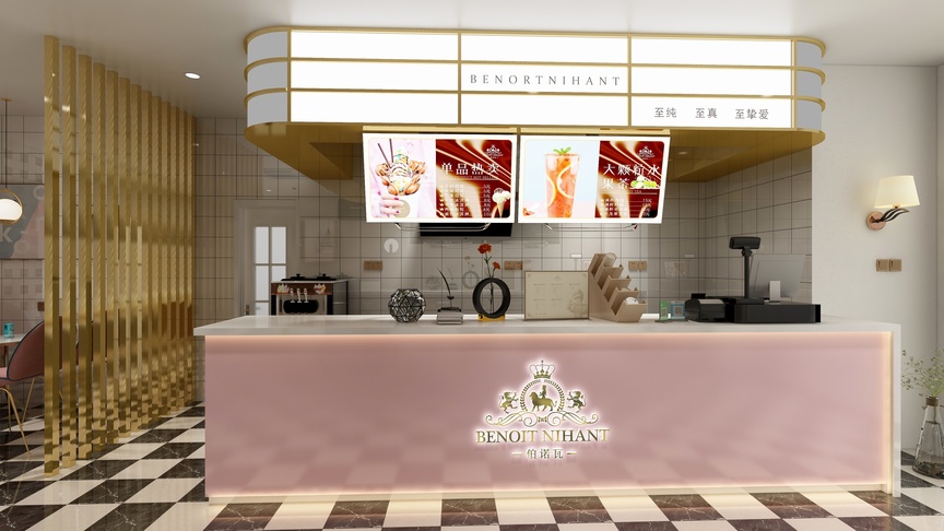 图中是一个奶茶店的内部构造，整个店的装修风格是法式轻奢，以粉色和白色为主色调。店面前台用木色的隔断和白色砖墙相间进行区分，同时前台使用粉色的烤漆面进行制作，显得高雅且时尚。图中左上方是店名的吊牌，上面印有店名和品牌标志；中间是操作台，上面摆放着各种奶茶原料和工具，如茶叶、果酱、杯子、吸管、切纸机等，工具台左侧有一个冷藏柜，方便保存需要冷藏的食材；右下方有一个垃圾桶，上面印有品牌的logo；图中还展示了一个收银台，上面摆放着两台收银机，下面有三个抽屉，方便店员进行财务操作。店的右侧是用餐区，使用了棕色的隔断进行区分，同时配有两盏暖黄色的壁灯，为顾客提供了舒适的用餐环境。