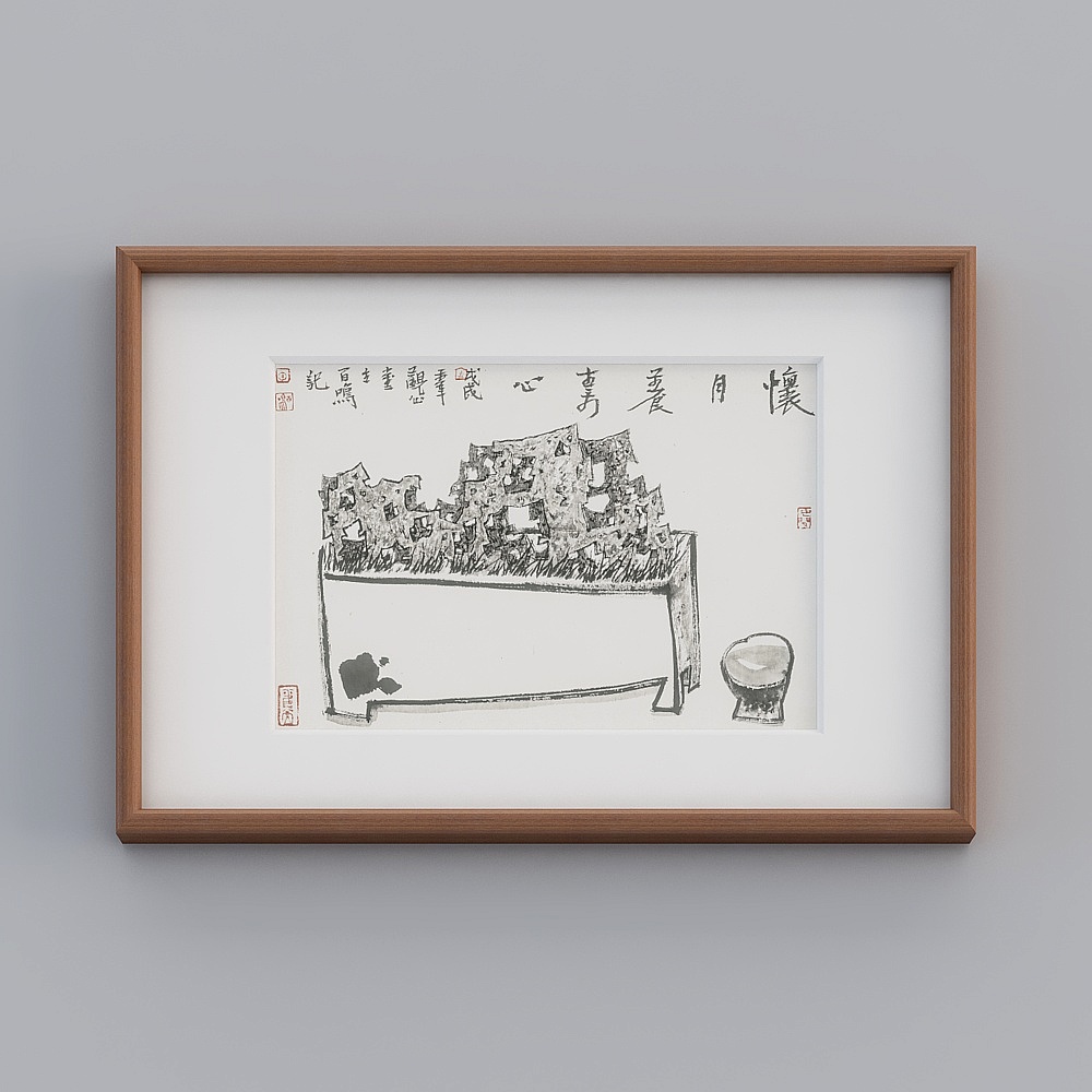 起贝中式单联横款海棠色实木框李百鸣茶室43x63cm中式挂画