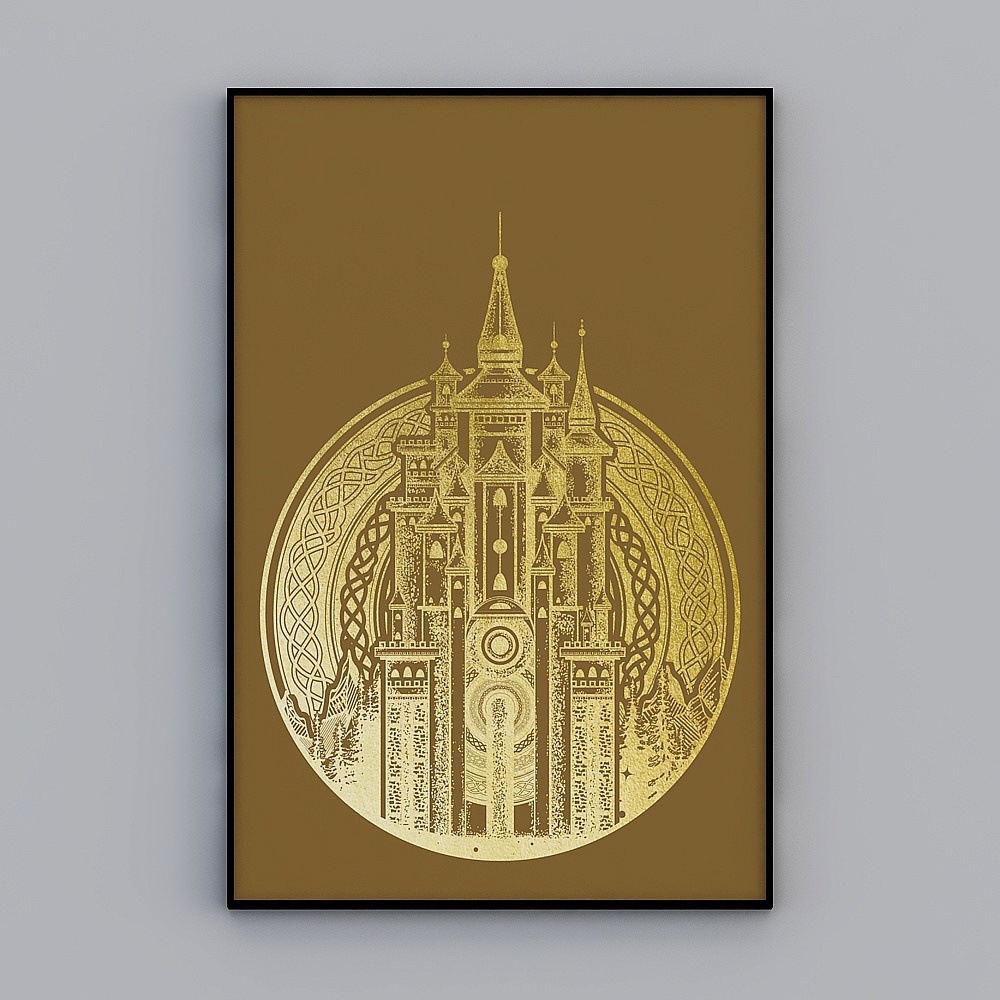现代抽象轻奢客厅金色建筑晶瓷画3D模型