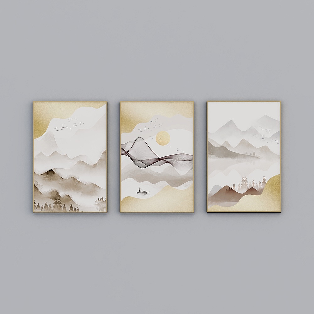 新中式金色意境山水线条抽象三联装饰画