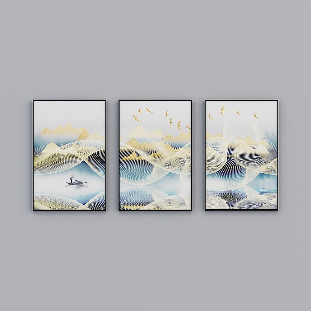 新中式抽象水墨意境山水金色线条装饰画3D模型