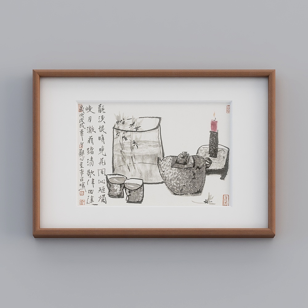 起贝中式单联横款海棠色实木框李百鸣茶室43x63cm中式挂画