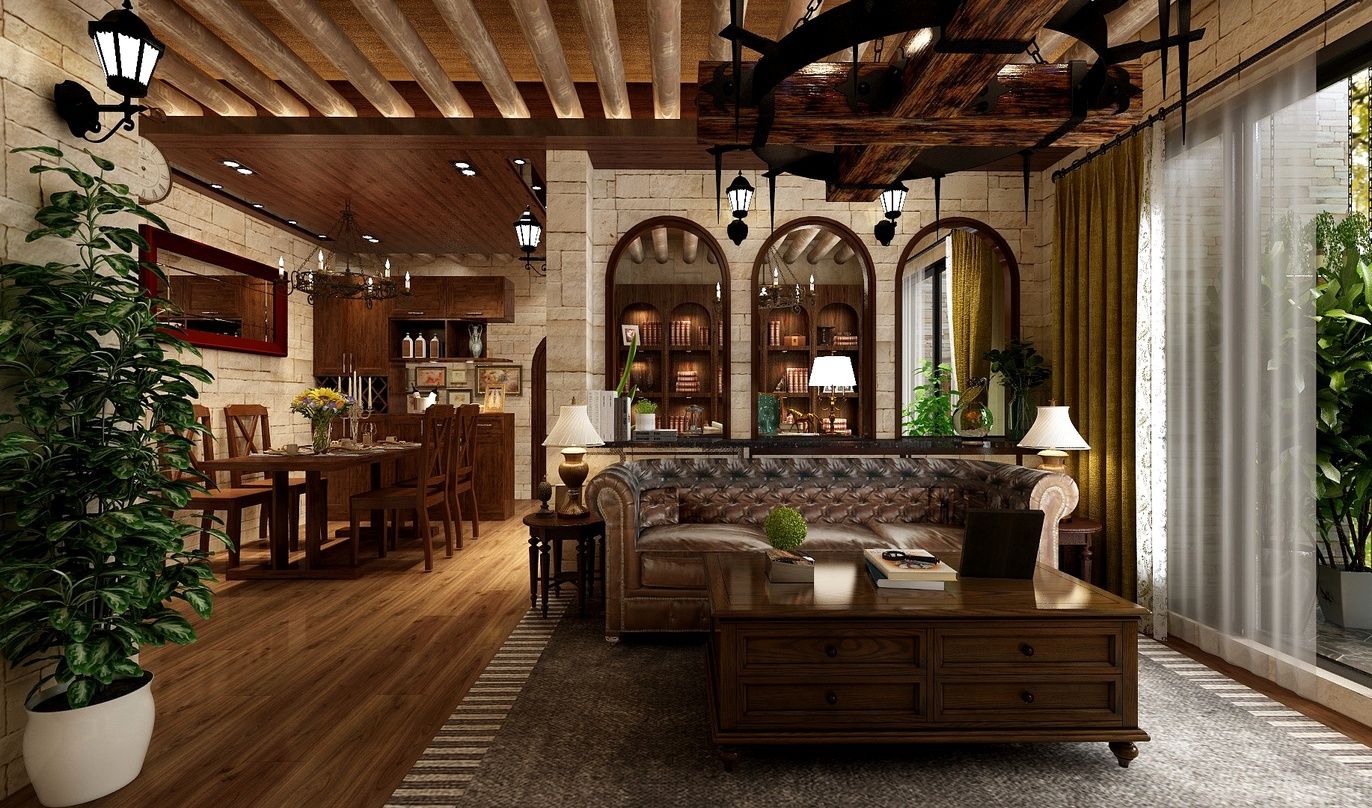 这个场景是一个客厅和餐厅的室内设计。整个空间以暖色系为主，营造出温馨舒适的氛围。