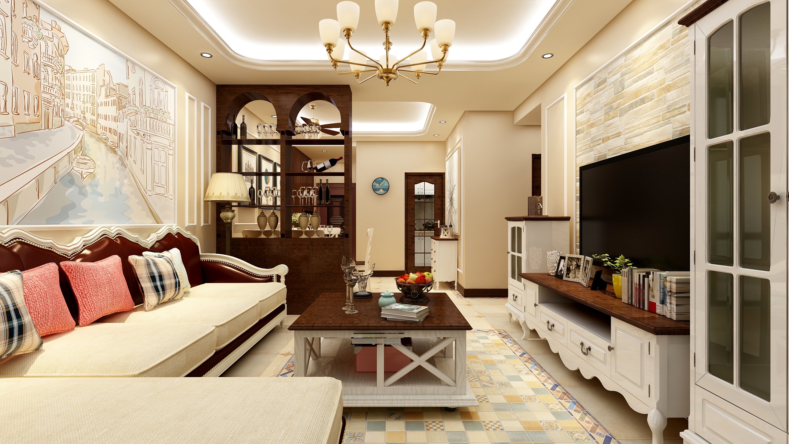 成爽-四川成都莱茵北郡-美式三居一层客餐厅装修效果图第4张