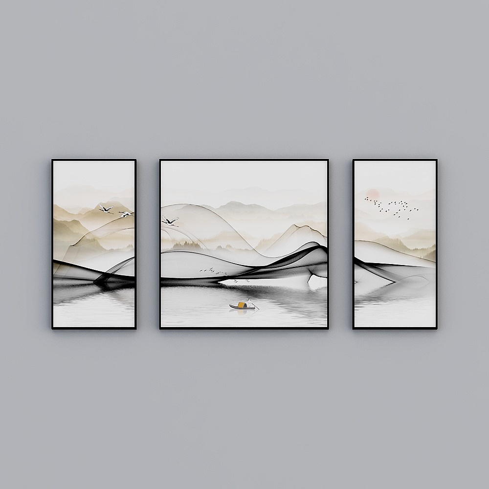 新中式简约抽象线条水墨山水风景客厅装饰画