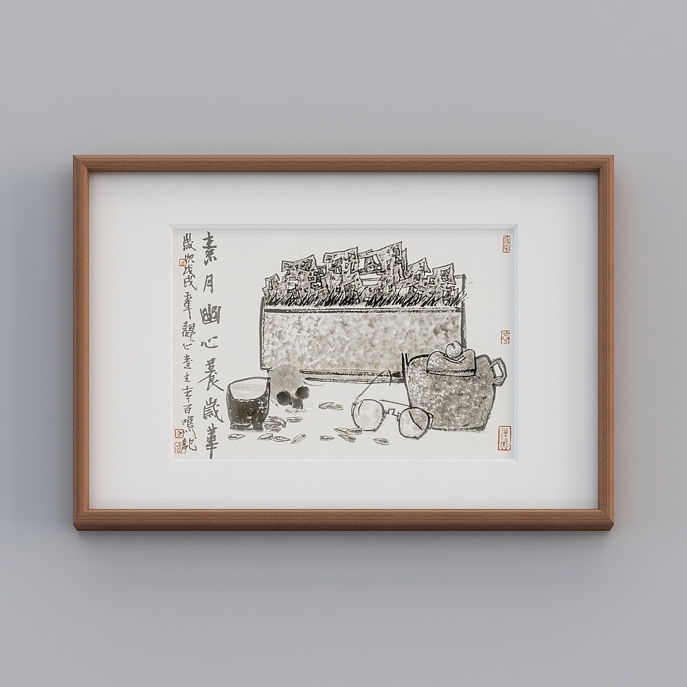 起贝中式单联横款海棠色实木框李百鸣禅意餐厅43x63cm中式挂画