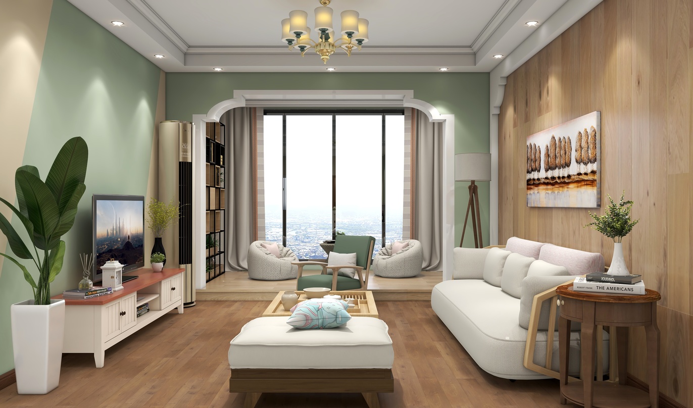 这是一间明亮的客厅，整体装修风格简约而温馨。墙面是绿色和原木色，搭配上白色的家具，营造出一种舒适和自在的感觉。