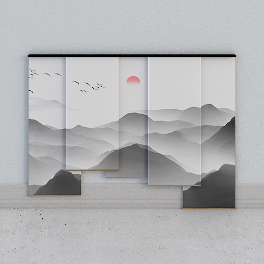 新中式水墨山水禅意窗帘3d模型1 - 副本3D模型