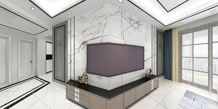 雅尔美装饰设计总监杨青松-谢美女雅居黑色轻奢风格(客厅+餐厅）效果图-装修设计方案