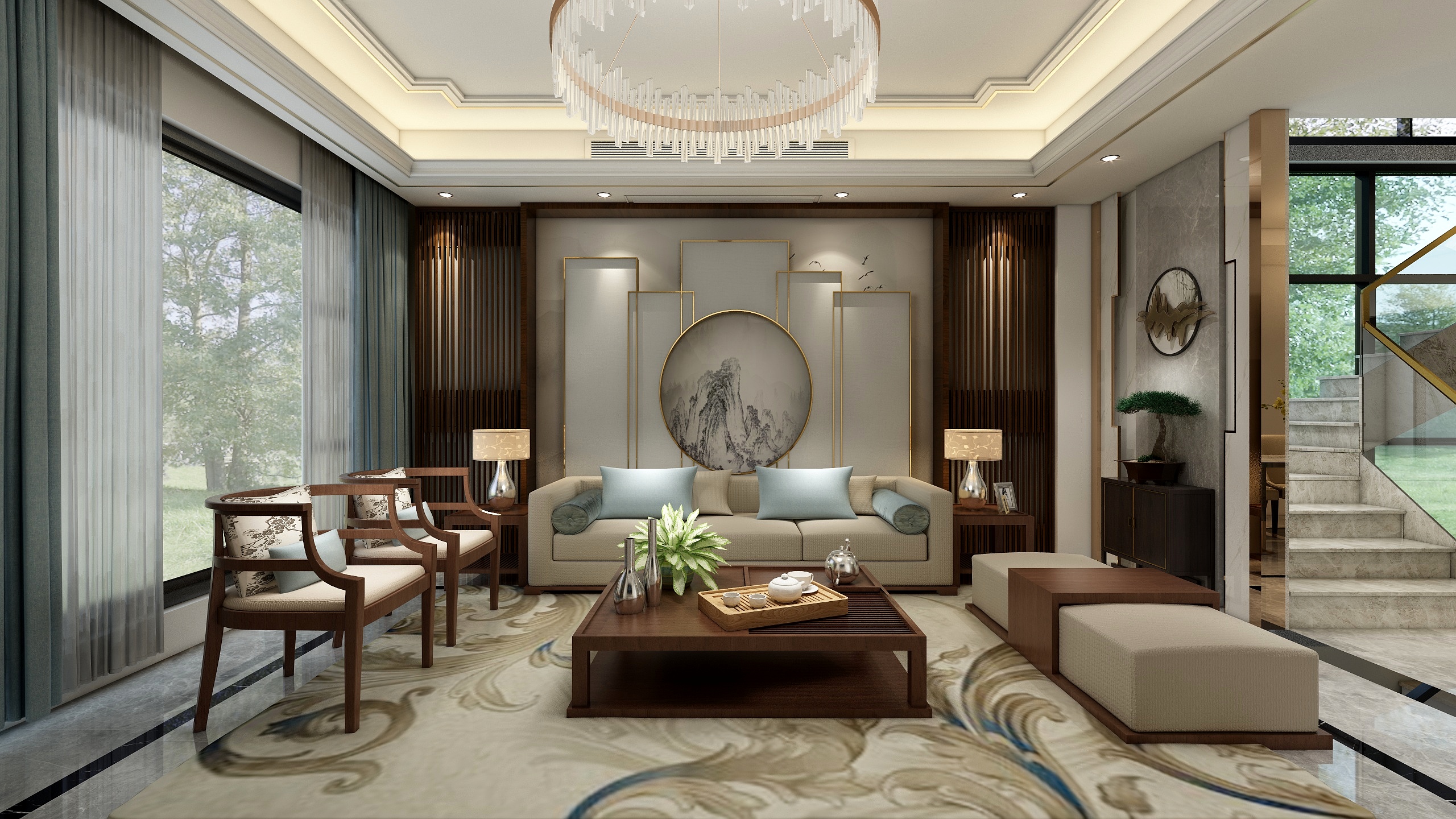 巨头1988-水晶湖畔05#别墅一层方案（轻奢中式）-装修设计方案