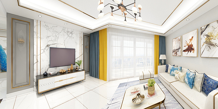 雅尔美装饰设计总监杨青松-谢美女雅居金色轻奢风(客厅+餐厅）效果图-装修设计方案