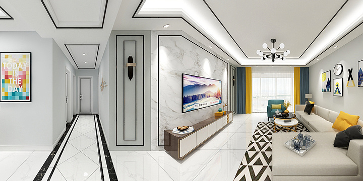 雅尔美装饰设计总监杨青松-美女雅居（客厅+餐厅+走道）效果图-装修设计方案