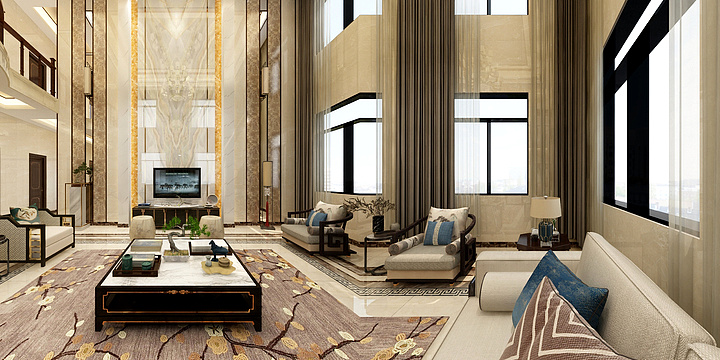 麦田设计工作室-别墅中式风格挑空客餐厅-装修设计方案